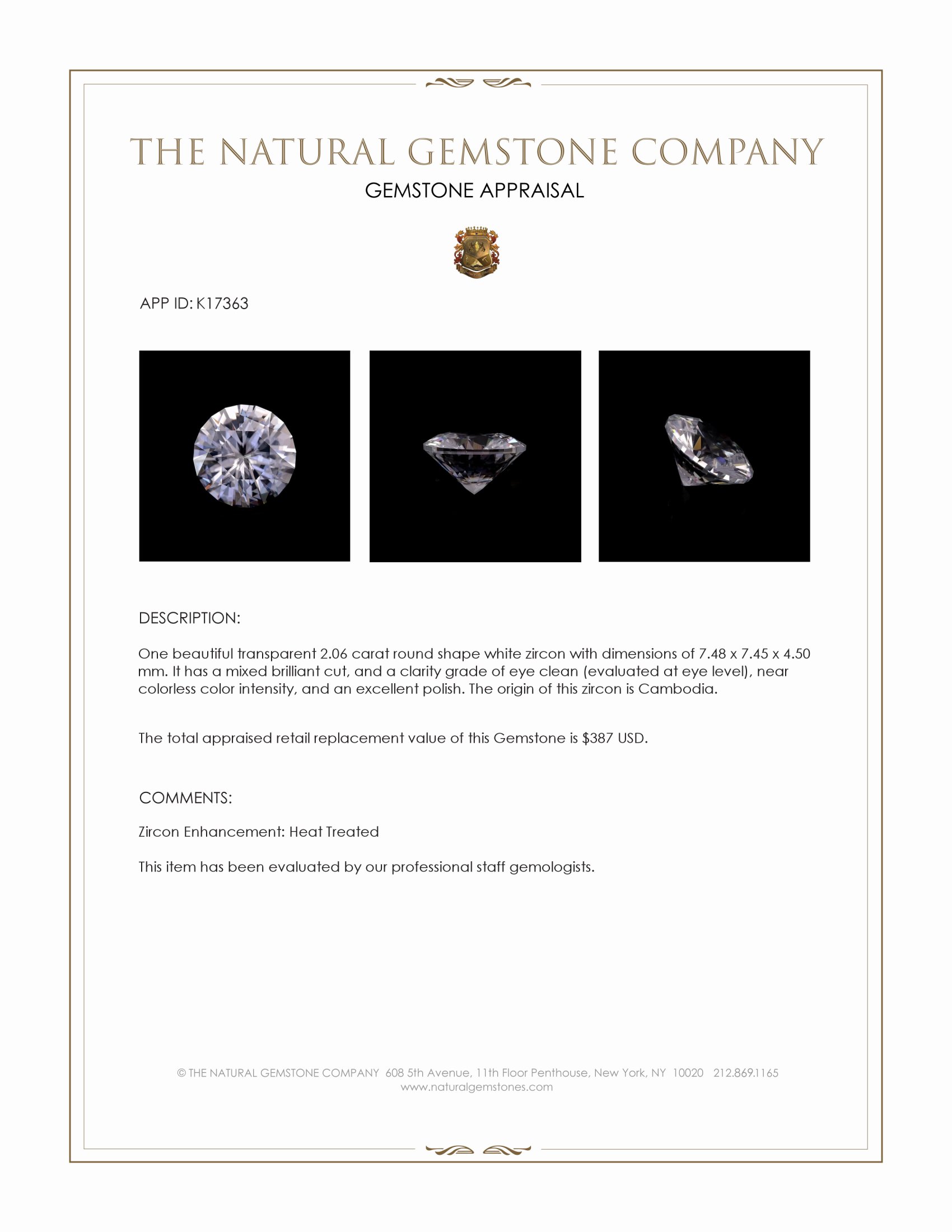 2.06 Ct. White Zircon from Cambodia