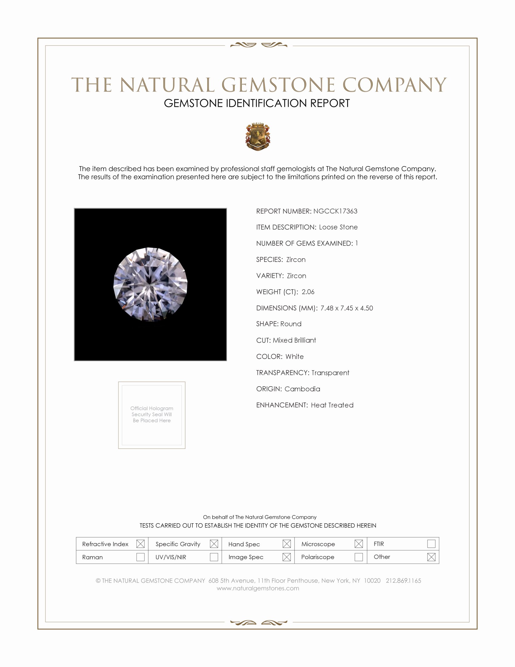 2.06 Ct. White Zircon from Cambodia