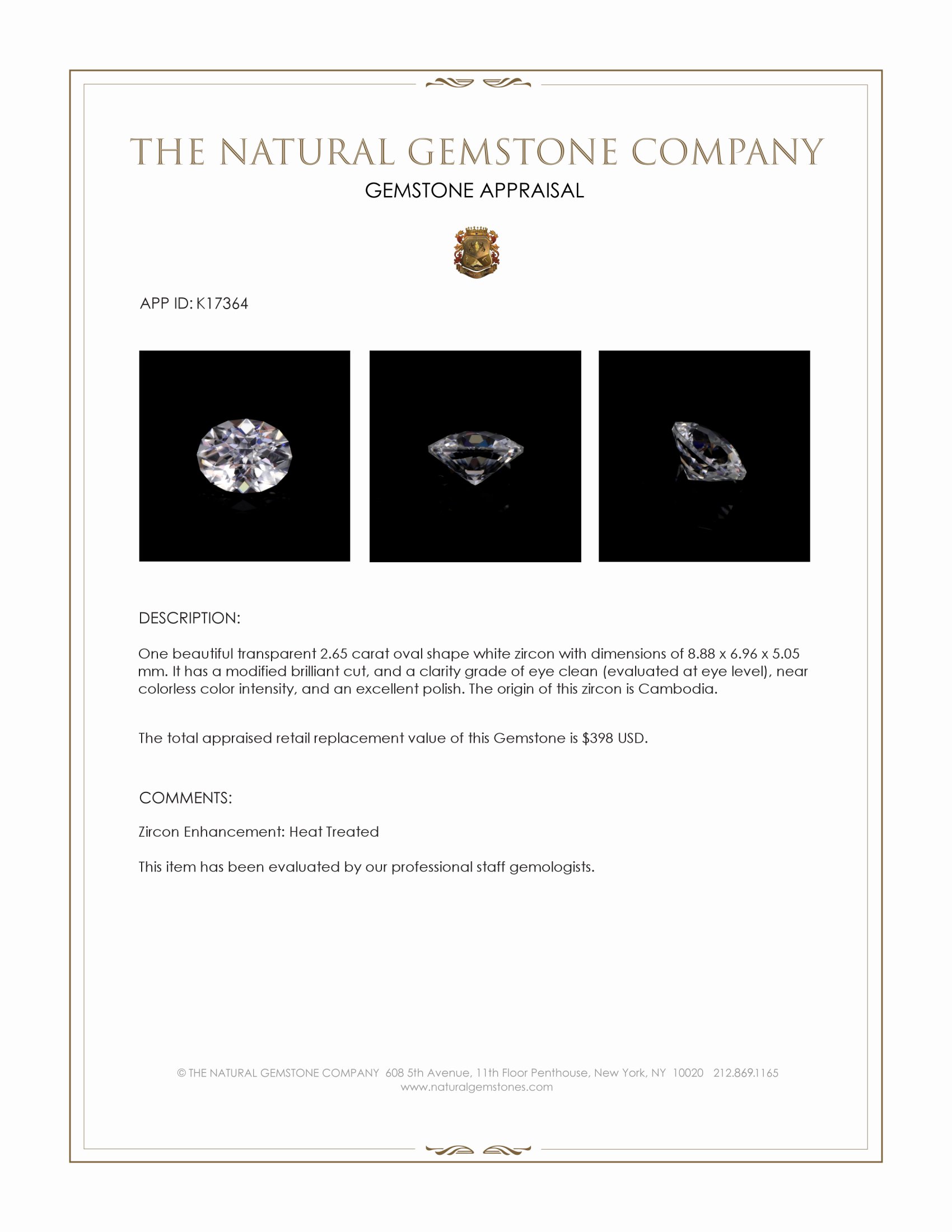 2.65 Ct. White Zircon from Cambodia