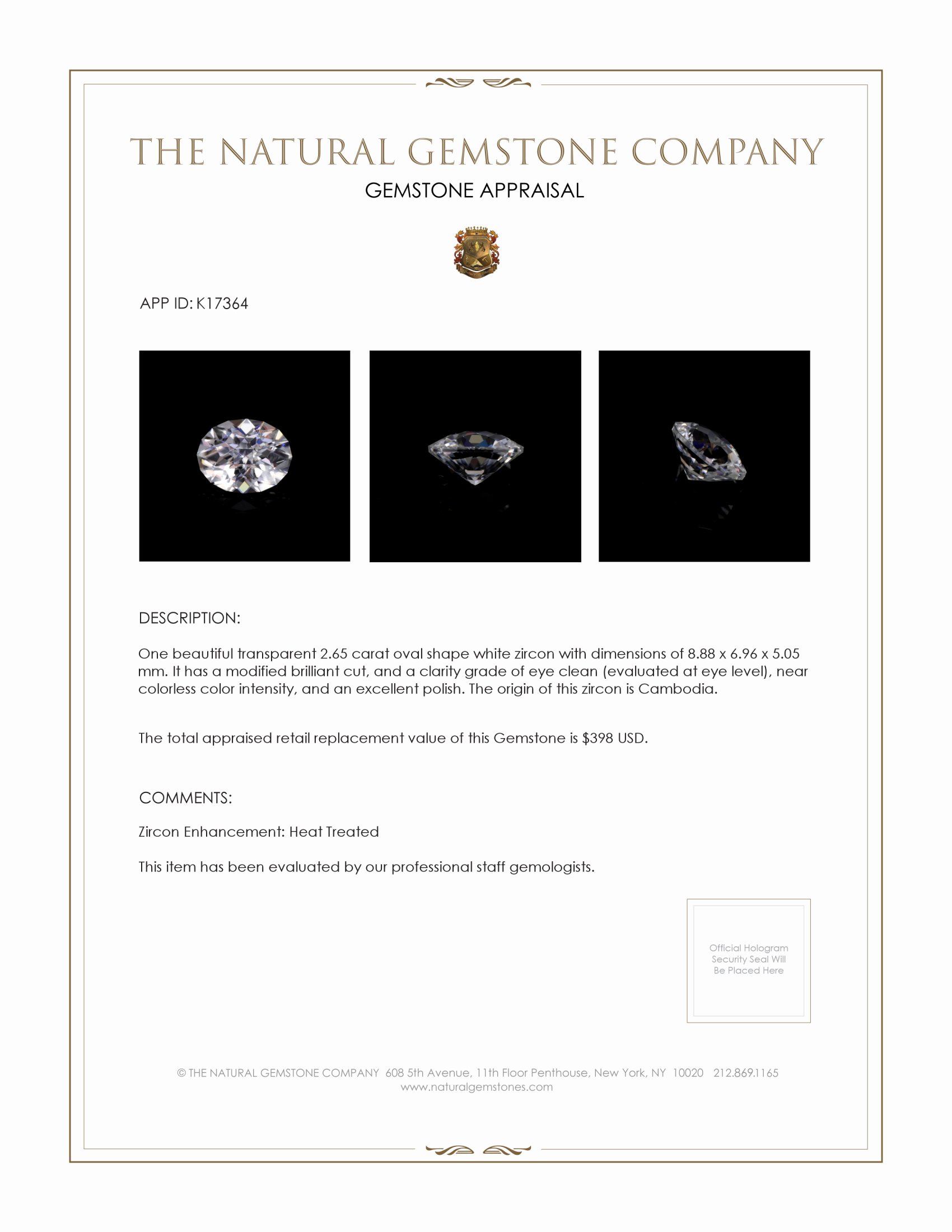 2.65 Ct. Zircon from Cambodia