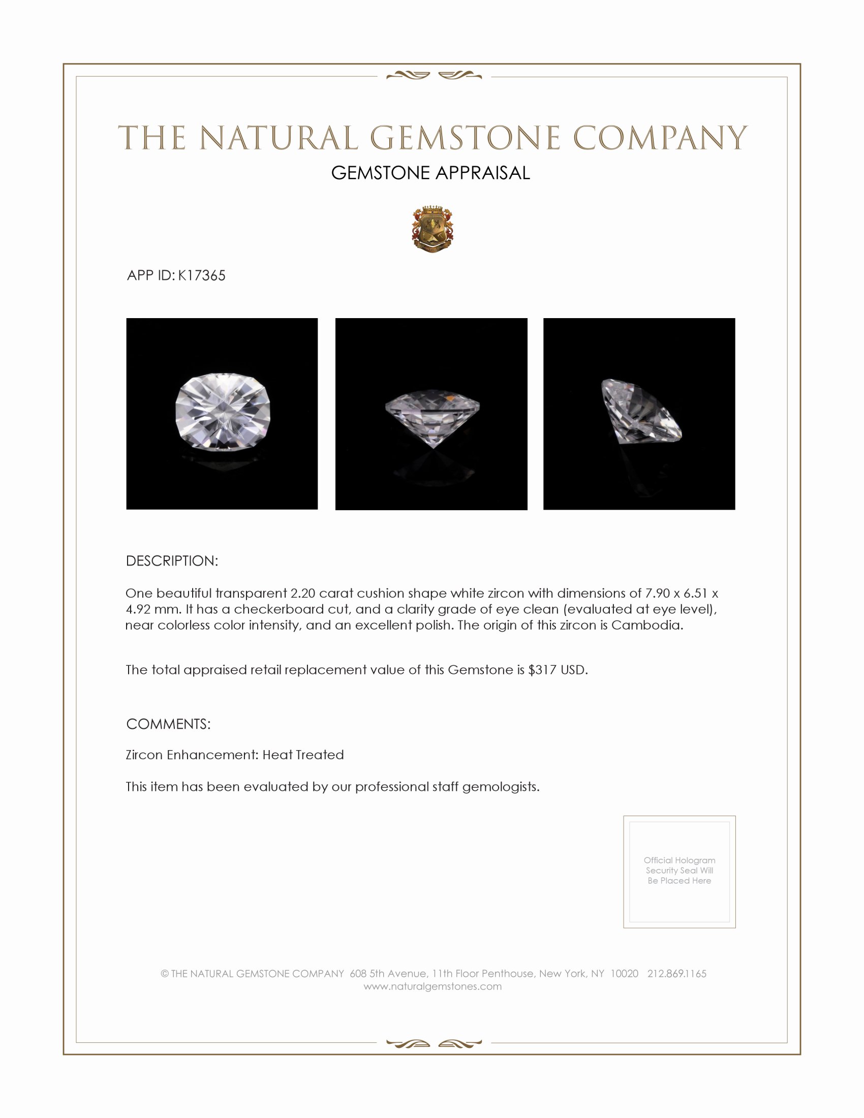 2.20 Ct. White Zircon from Cambodia
