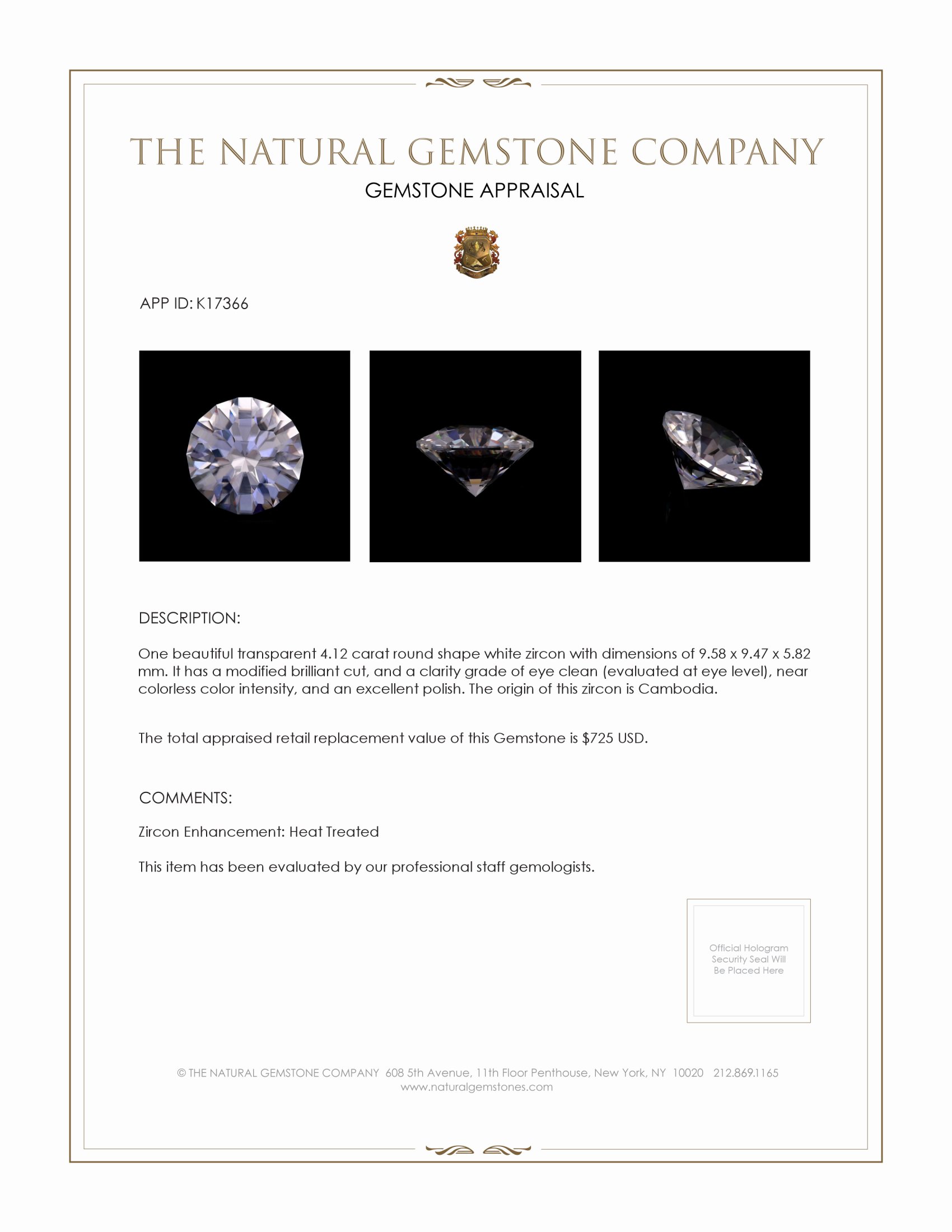 4.12 Ct. White Zircon from Cambodia