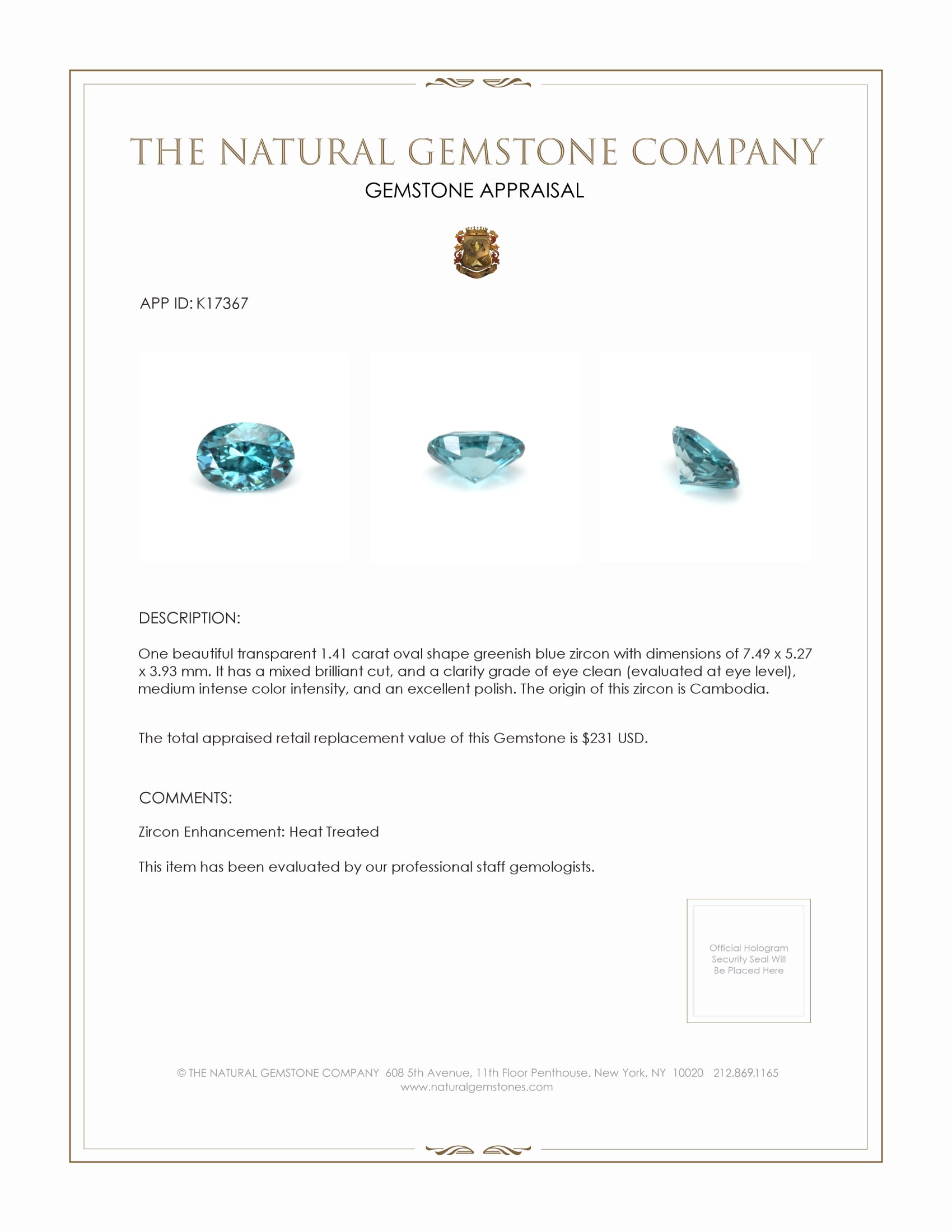 1.41 Ct. Greenish Blue Zircon from Cambodia