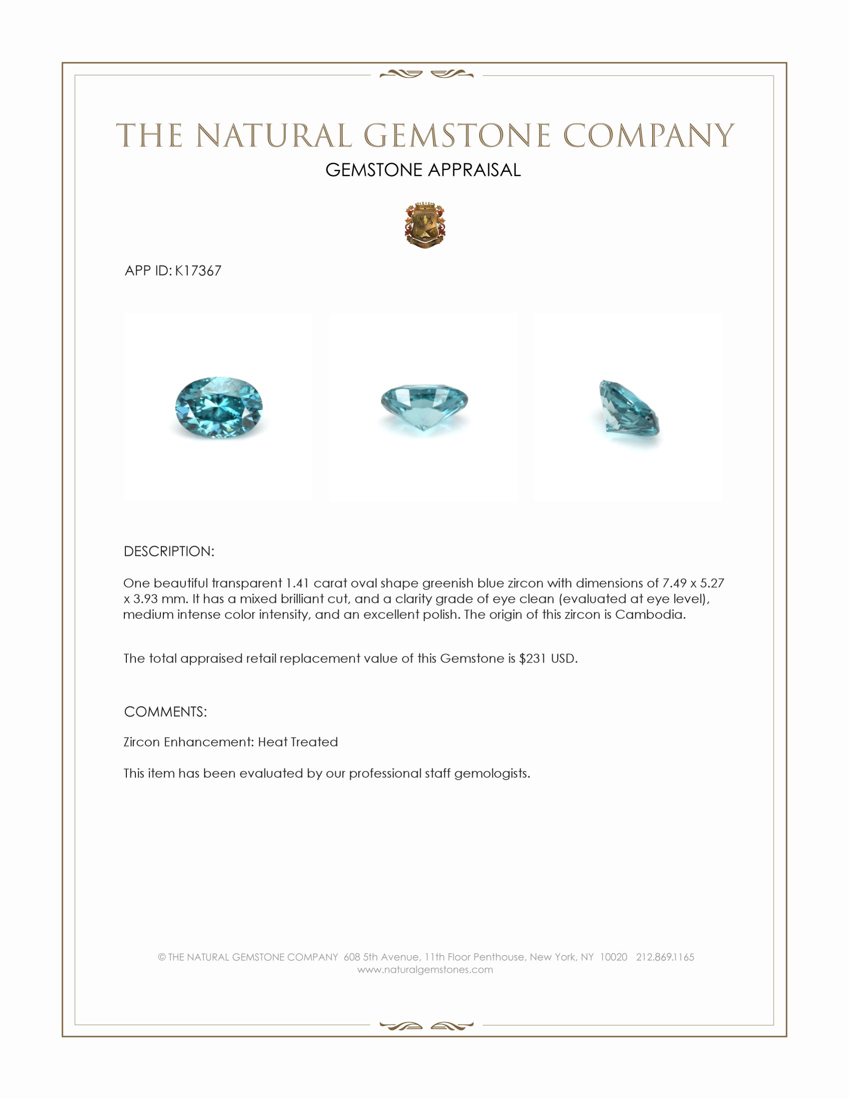 1.41 Ct. Zircon from Cambodia