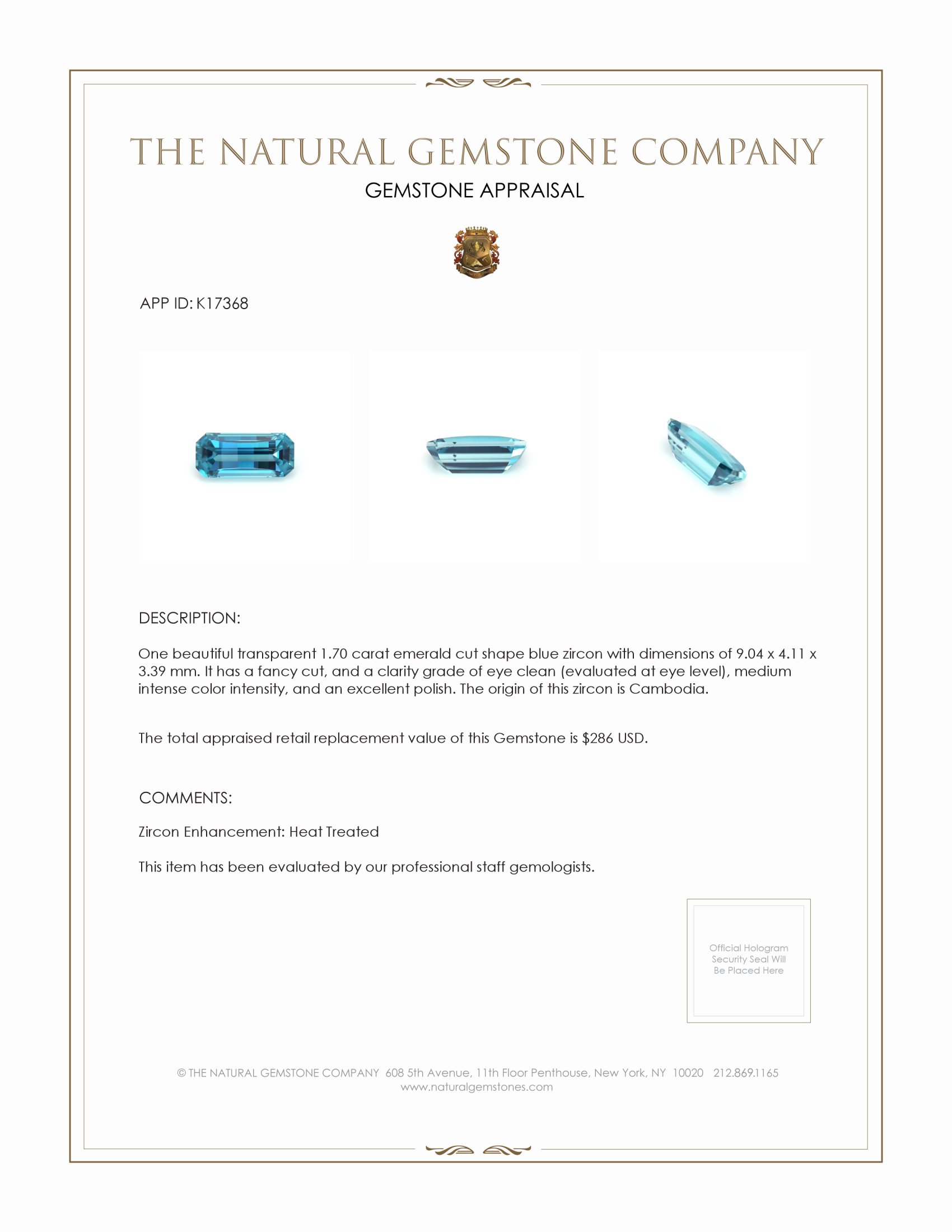 1.70 Ct. Blue Zircon from Cambodia