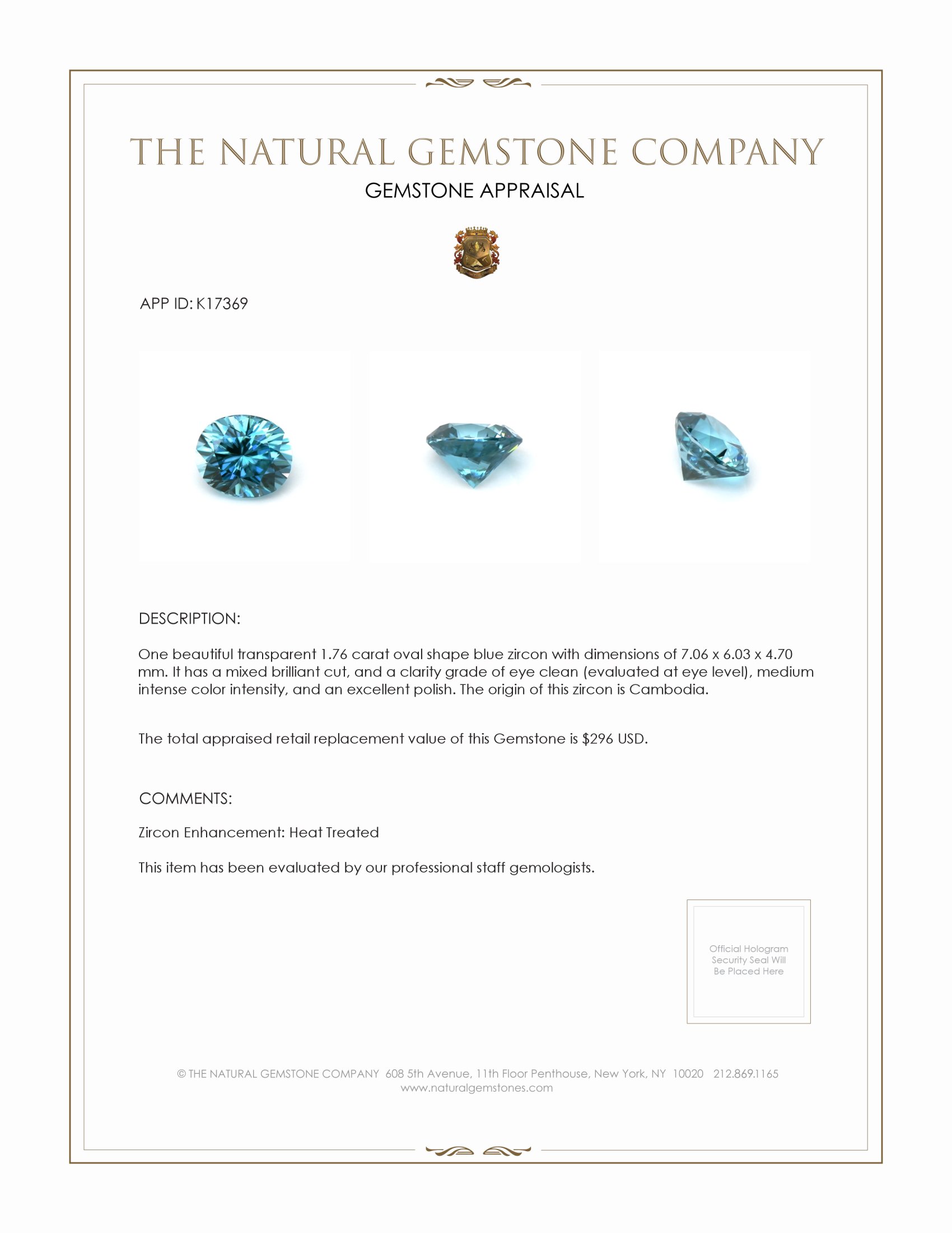 1.76 Ct. Zircon from Cambodia