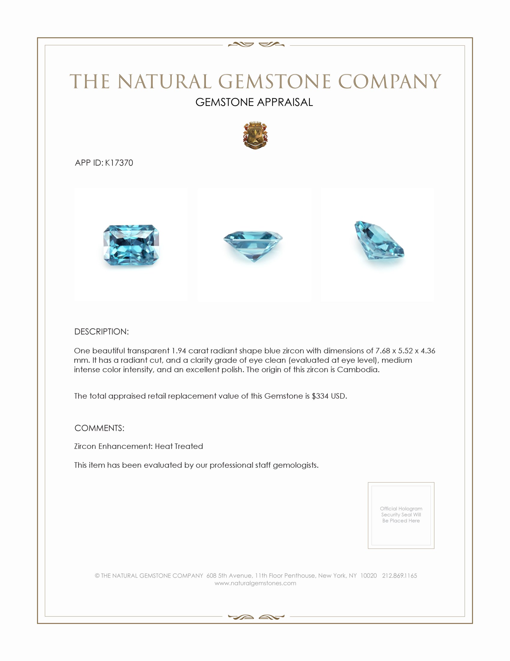 1.94 Ct. Blue Zircon from Cambodia