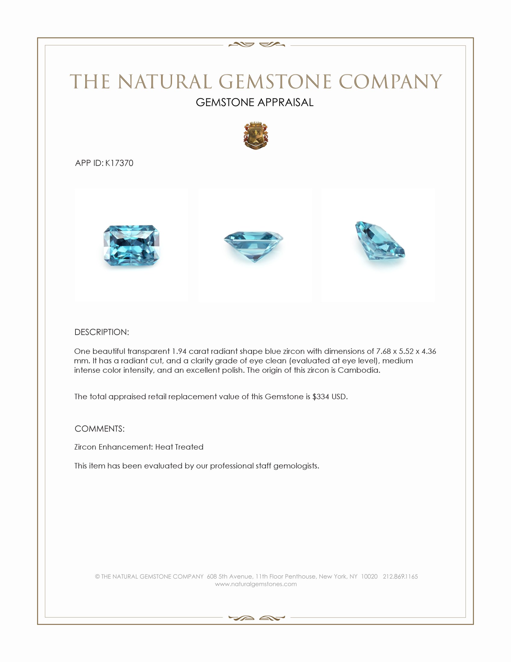 1.94 Ct. Zircon from Cambodia