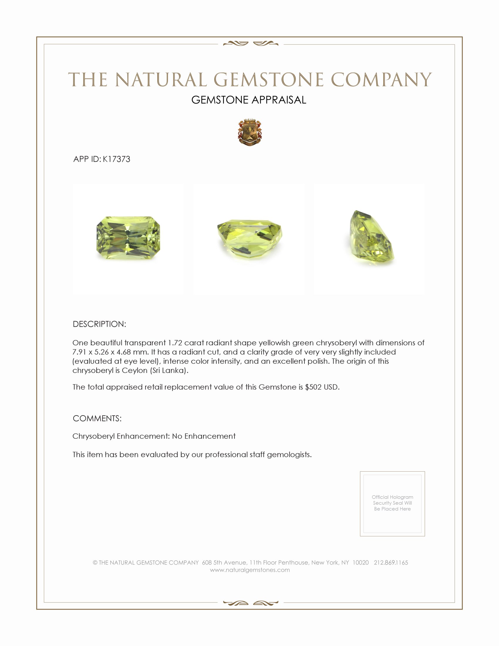 1.72 Ct. Chrysoberyl from Ceylon (Sri Lanka)