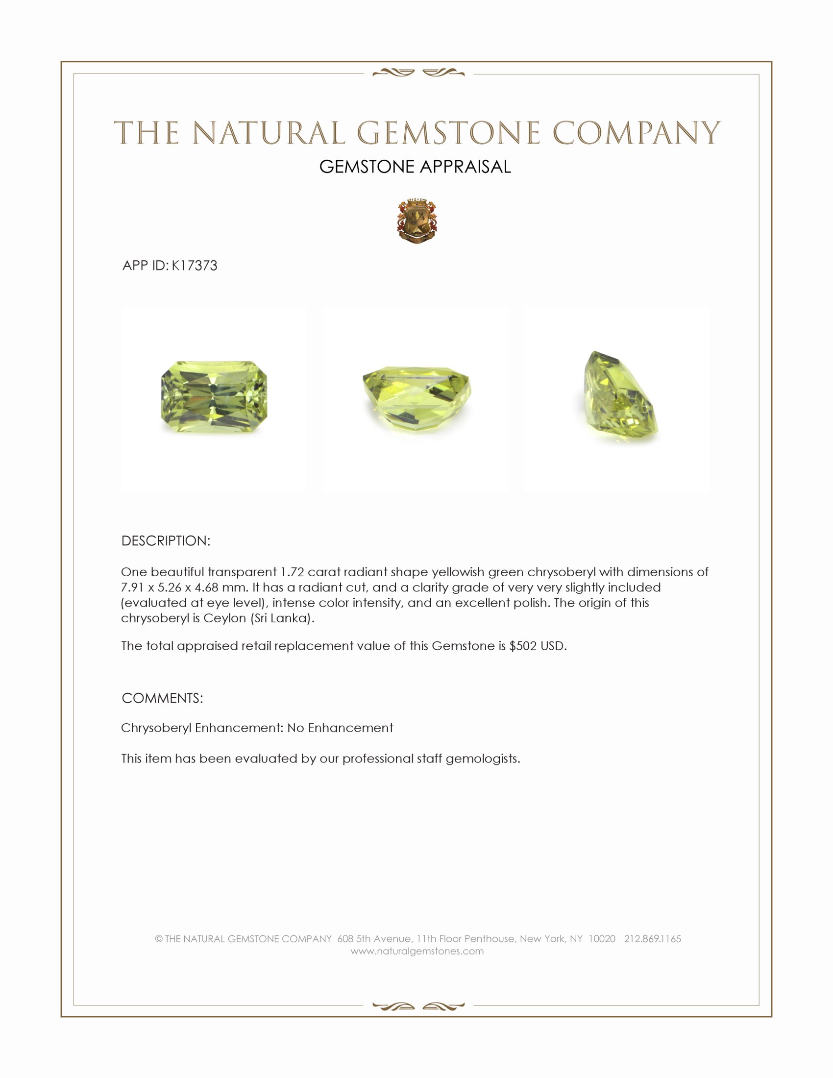 1.72 Ct. Yellowish Green Chrysoberyl from Ceylon (Sri Lanka)
