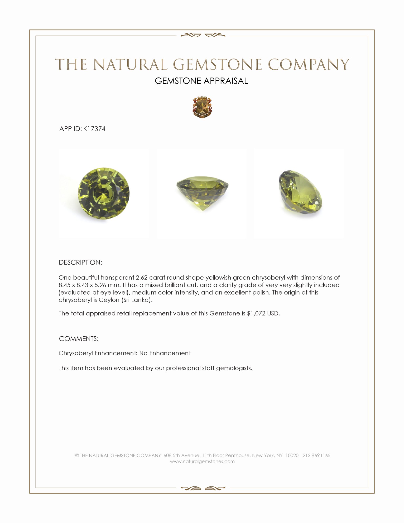 2.62 Ct. Chrysoberyl from Ceylon (Sri Lanka)