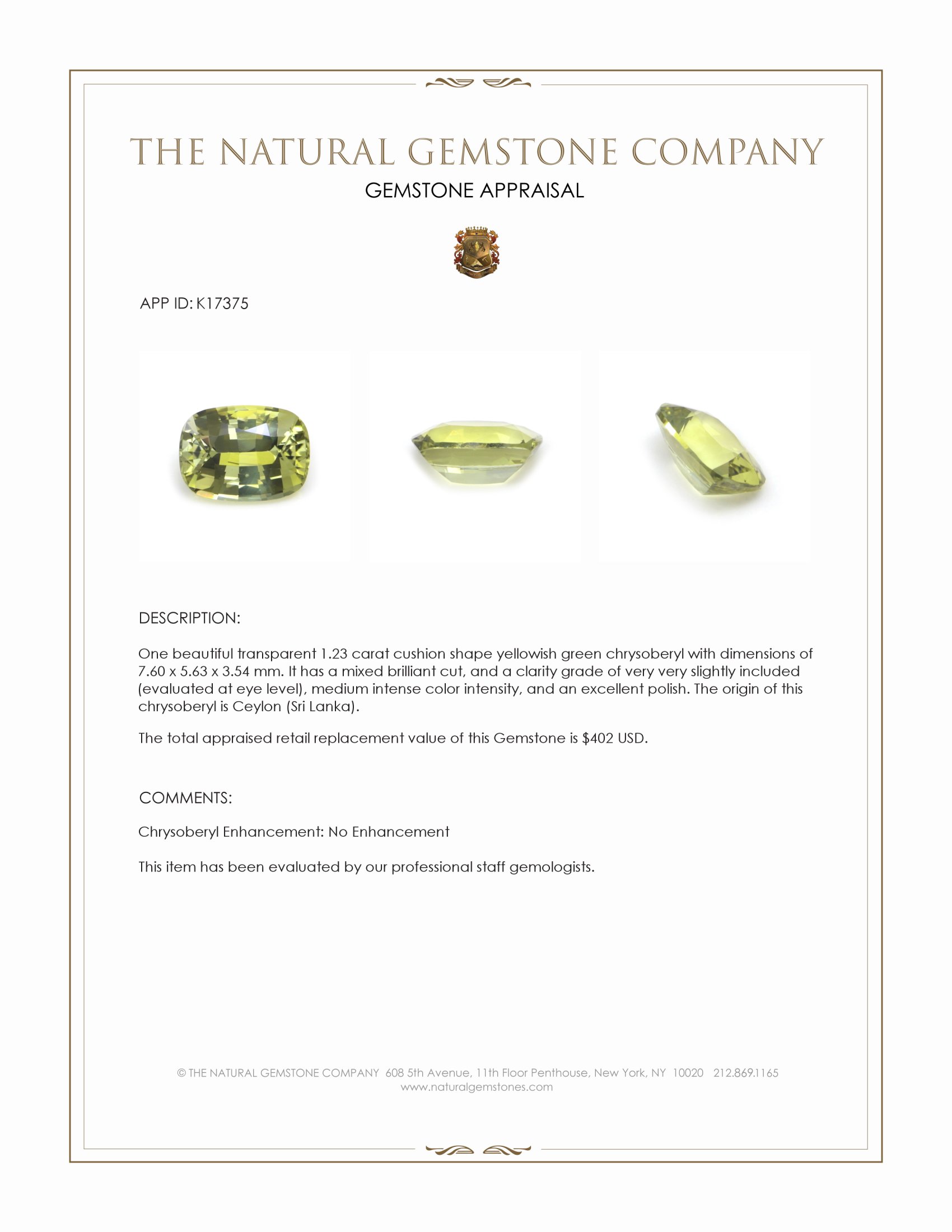 1.23 Ct. Chrysoberyl from Ceylon (Sri Lanka)
