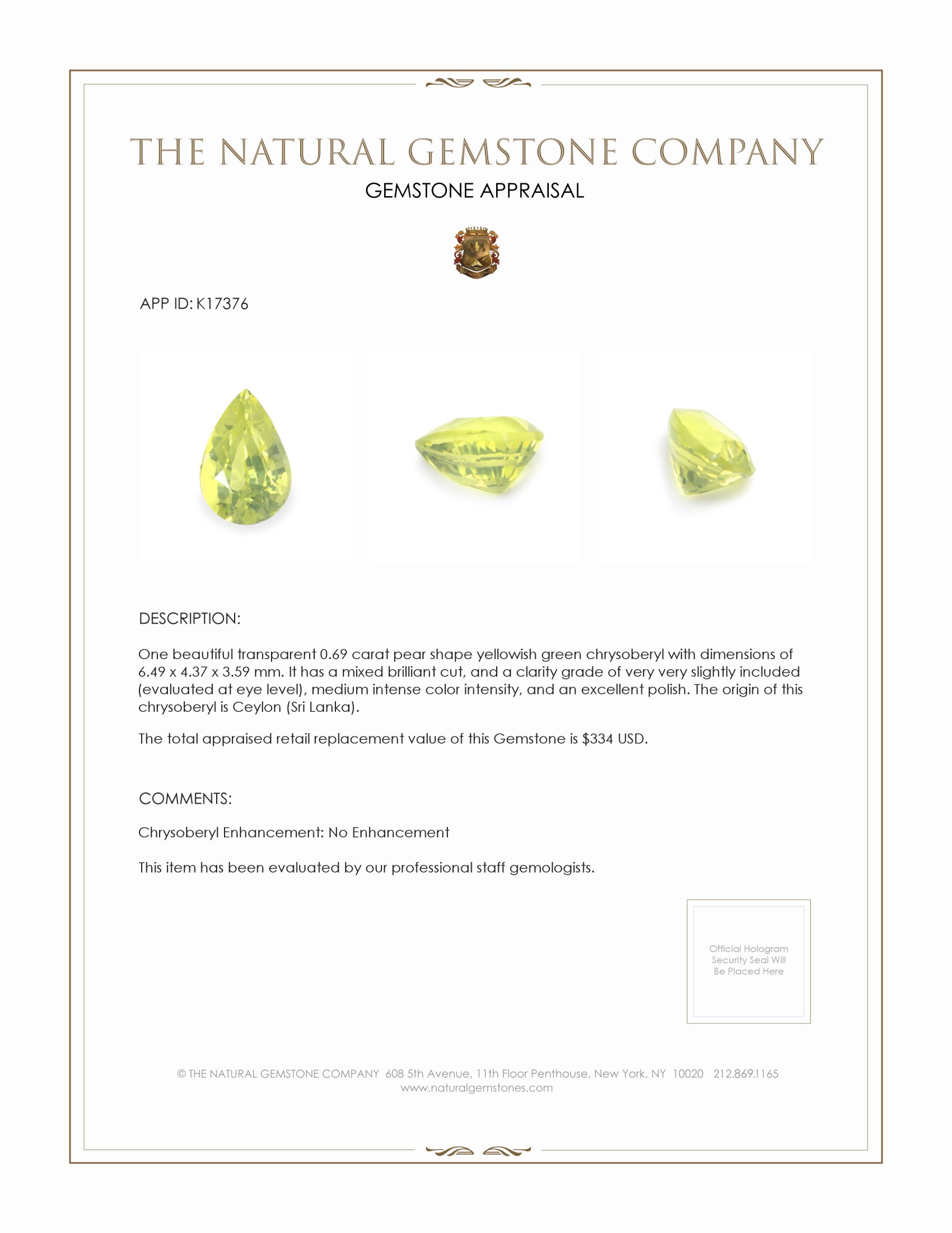0.69 Ct. Chrysoberyl from Ceylon (Sri Lanka)
