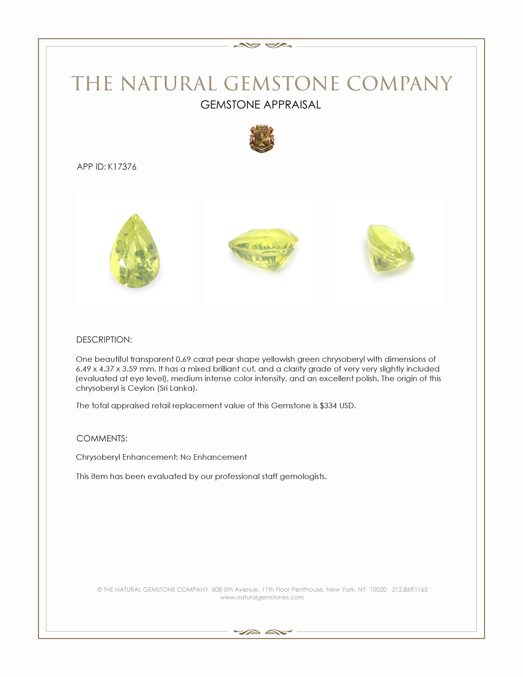 0.69 Ct. Chrysoberyl from Ceylon (Sri Lanka)