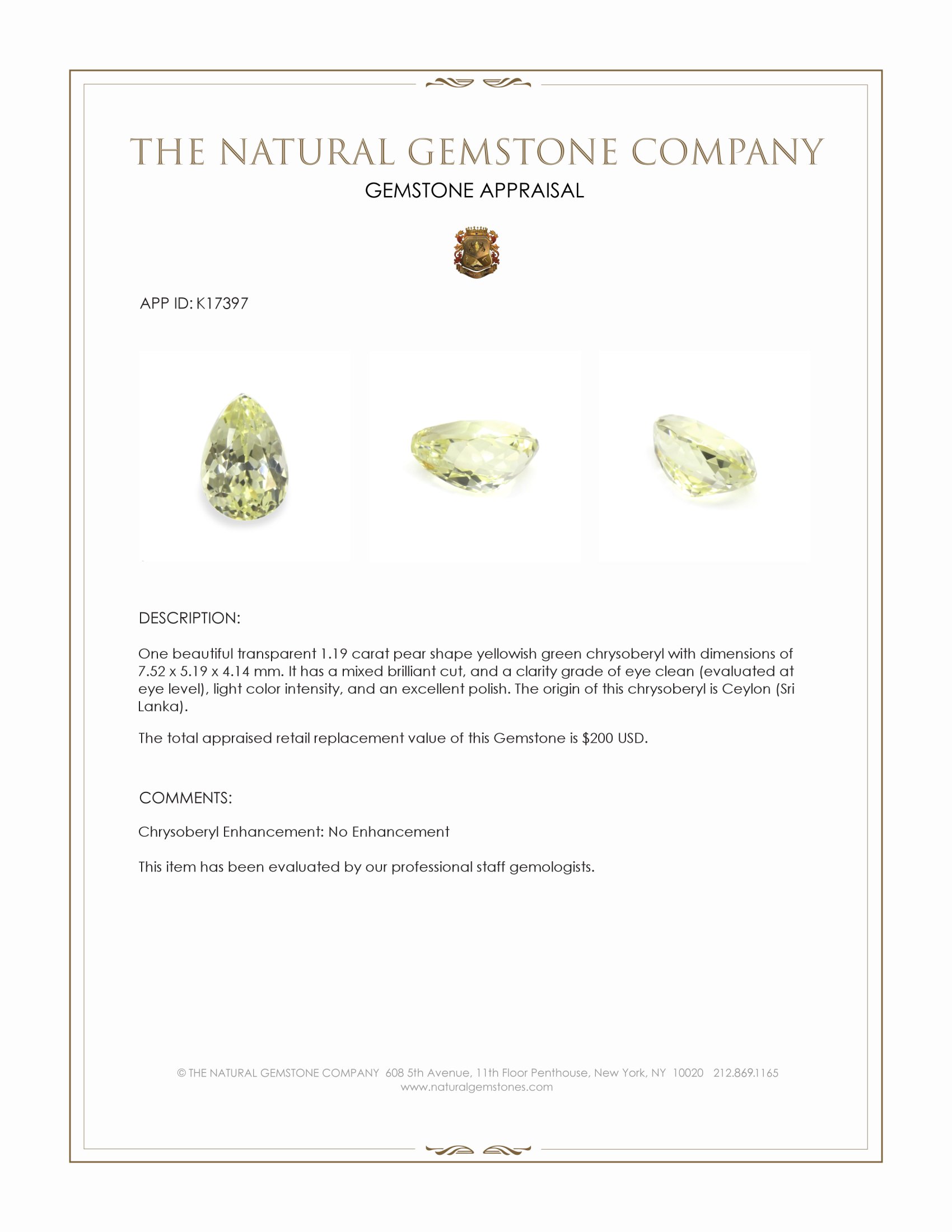 1.19 Ct. Chrysoberyl from Ceylon (Sri Lanka)