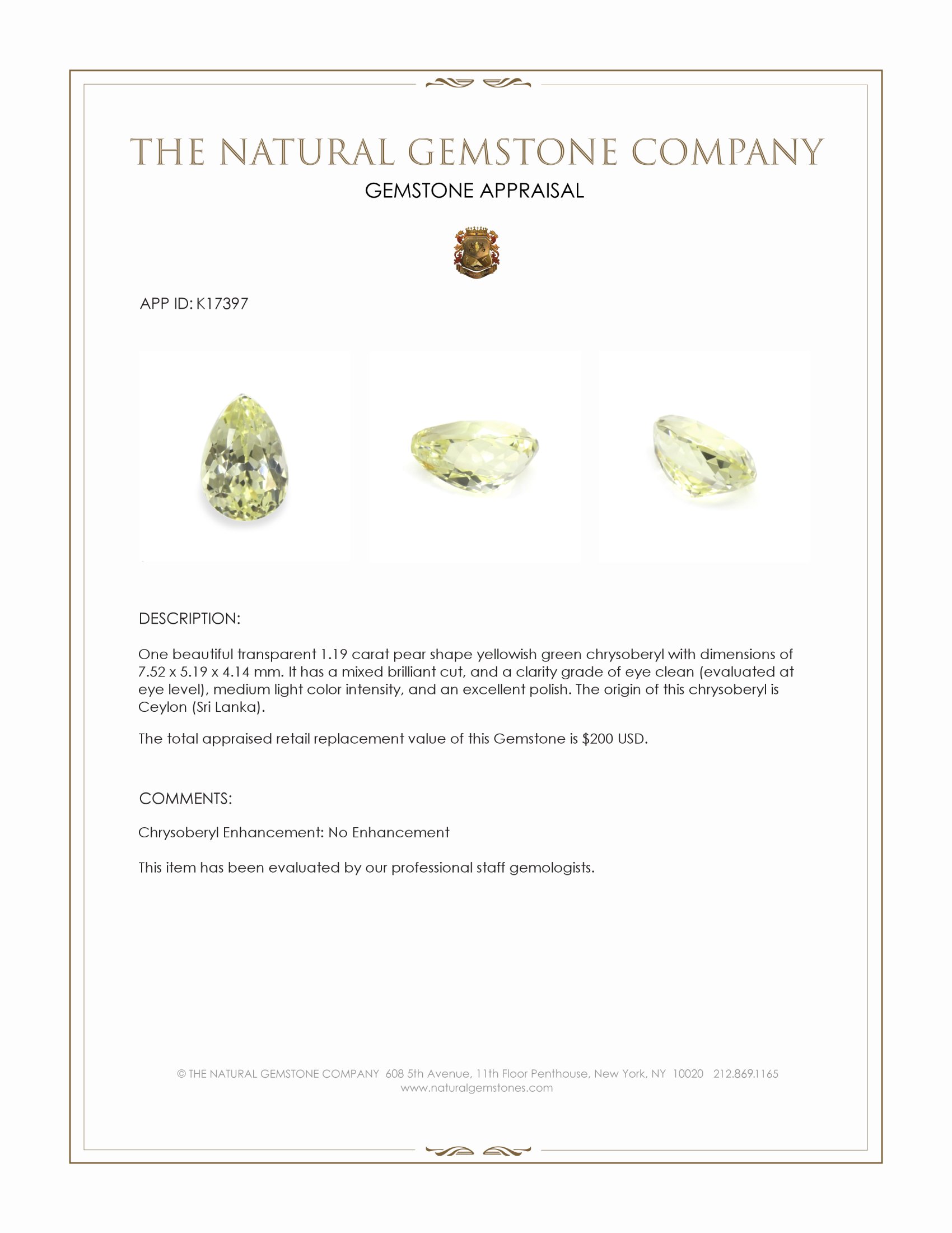 1.19 Ct. Chrysoberyl from Ceylon (Sri Lanka)