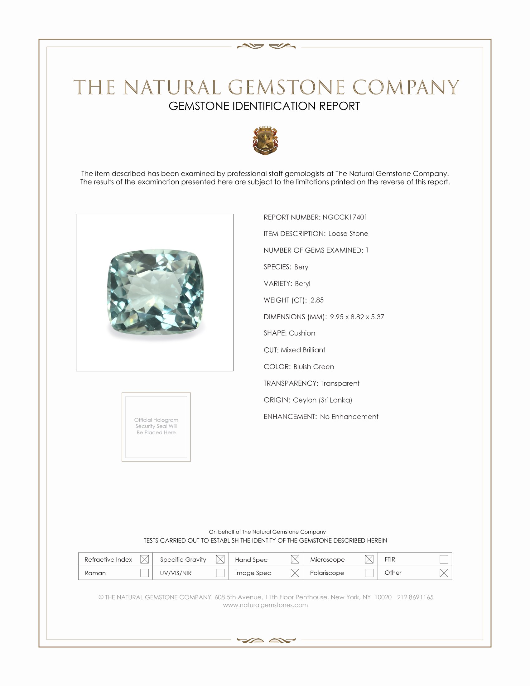2.85 Ct. Beryl from Ceylon (Sri Lanka)