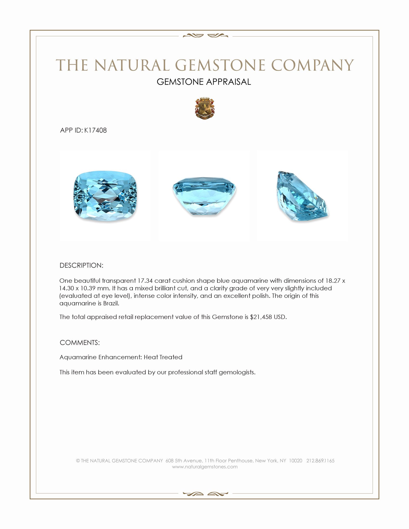 17.34 Ct. Blue Aquamarine from Brazil