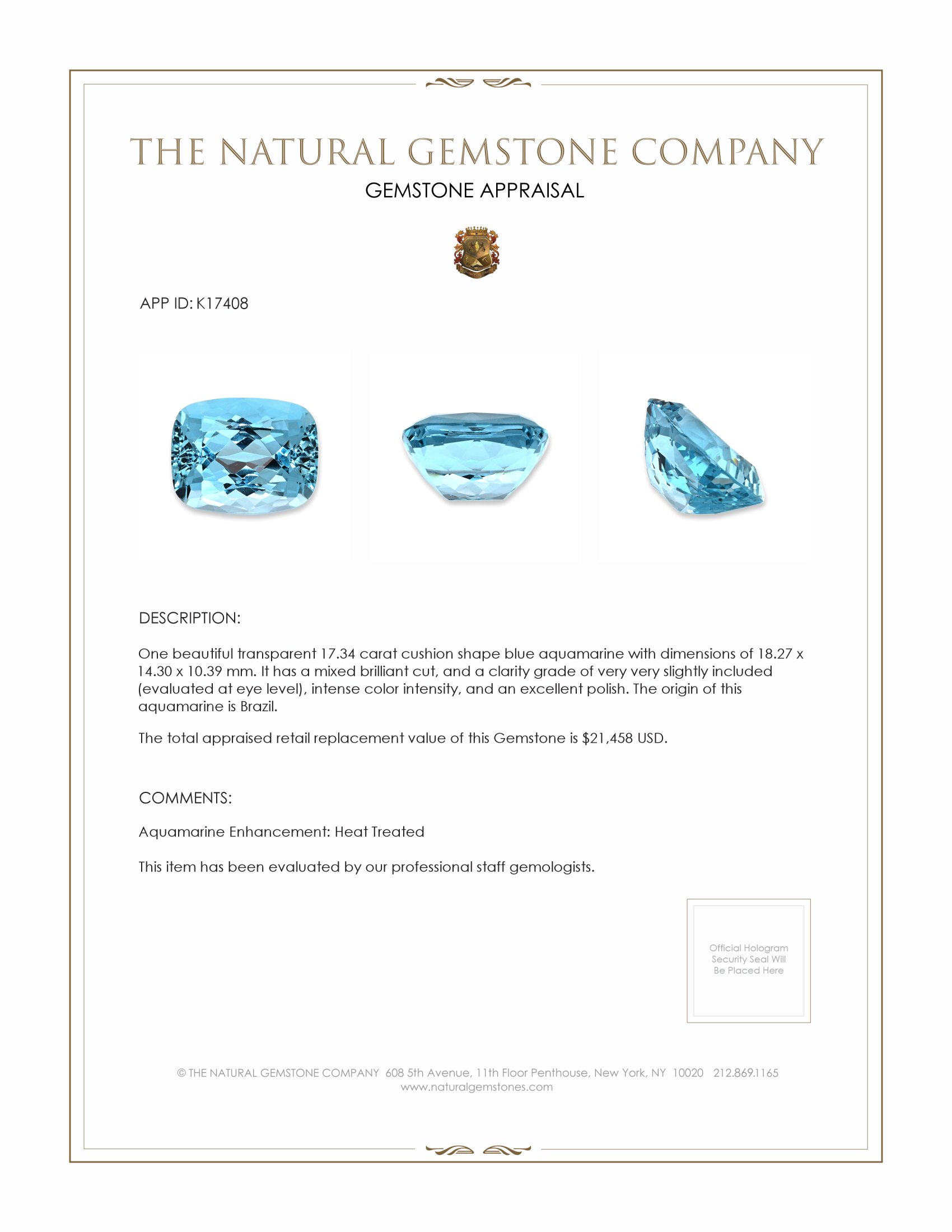 17.34 Ct. Aquamarine from Brazil