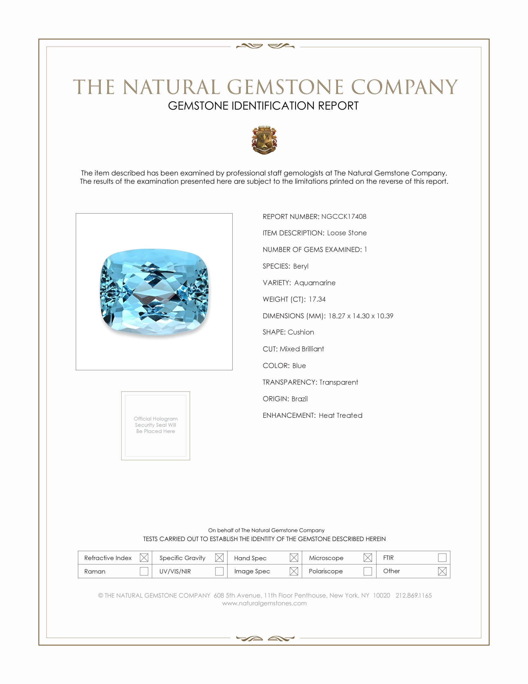 17.34 Ct. Aquamarine from Brazil