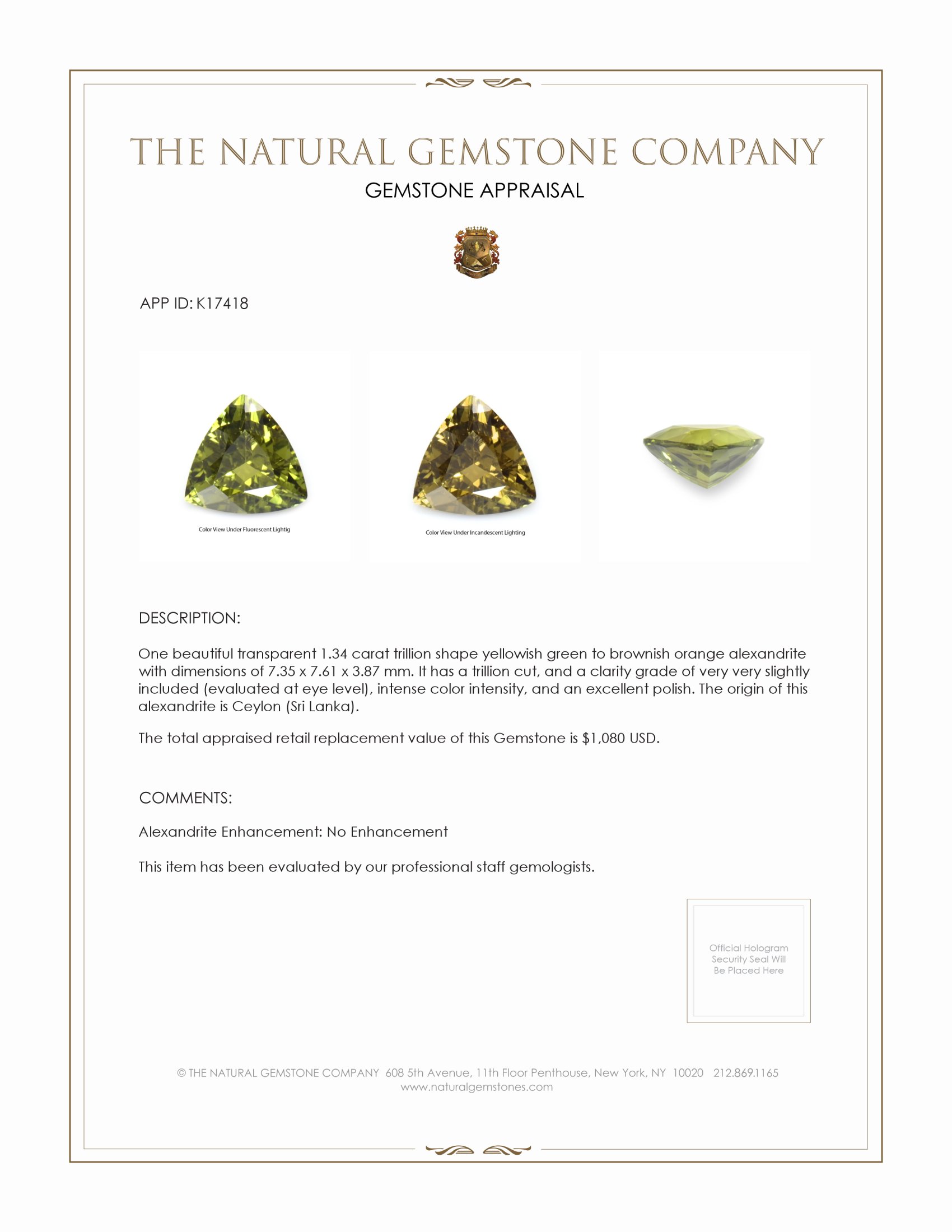 1.34 Ct. Alexandrite from Ceylon (Sri Lanka)