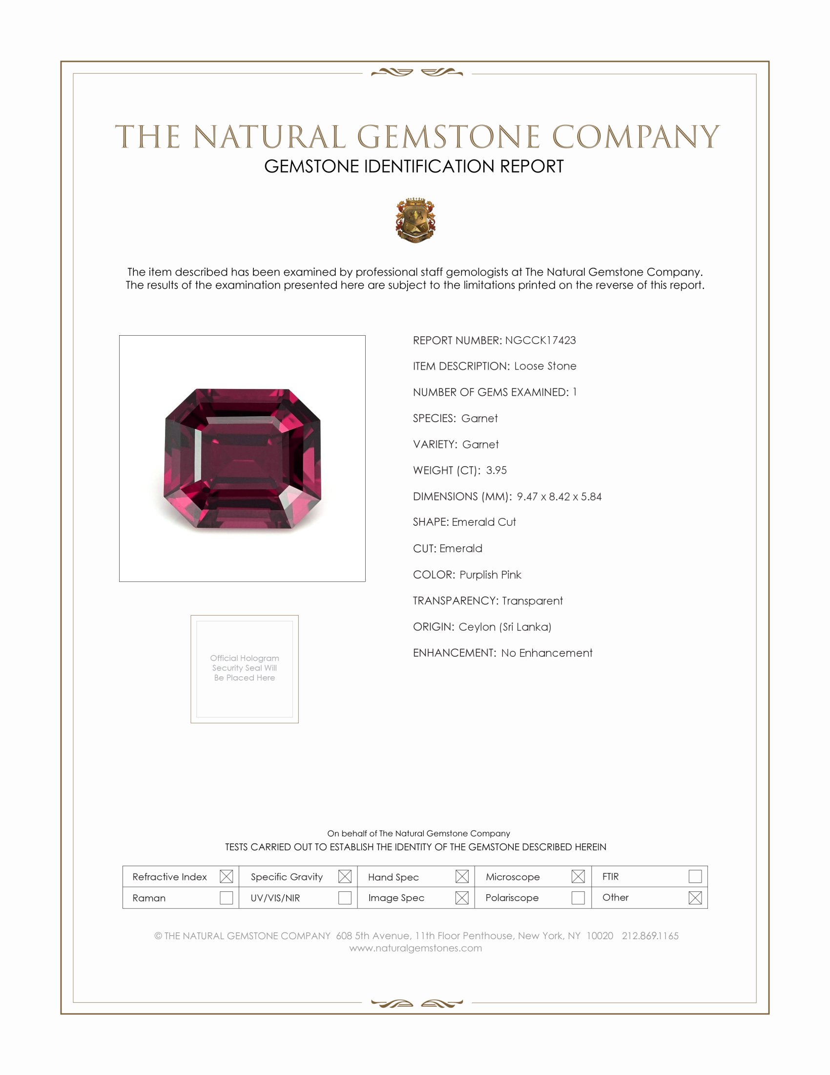 3.95 Ct. Purplish Pink Garnet from Ceylon (Sri Lanka)