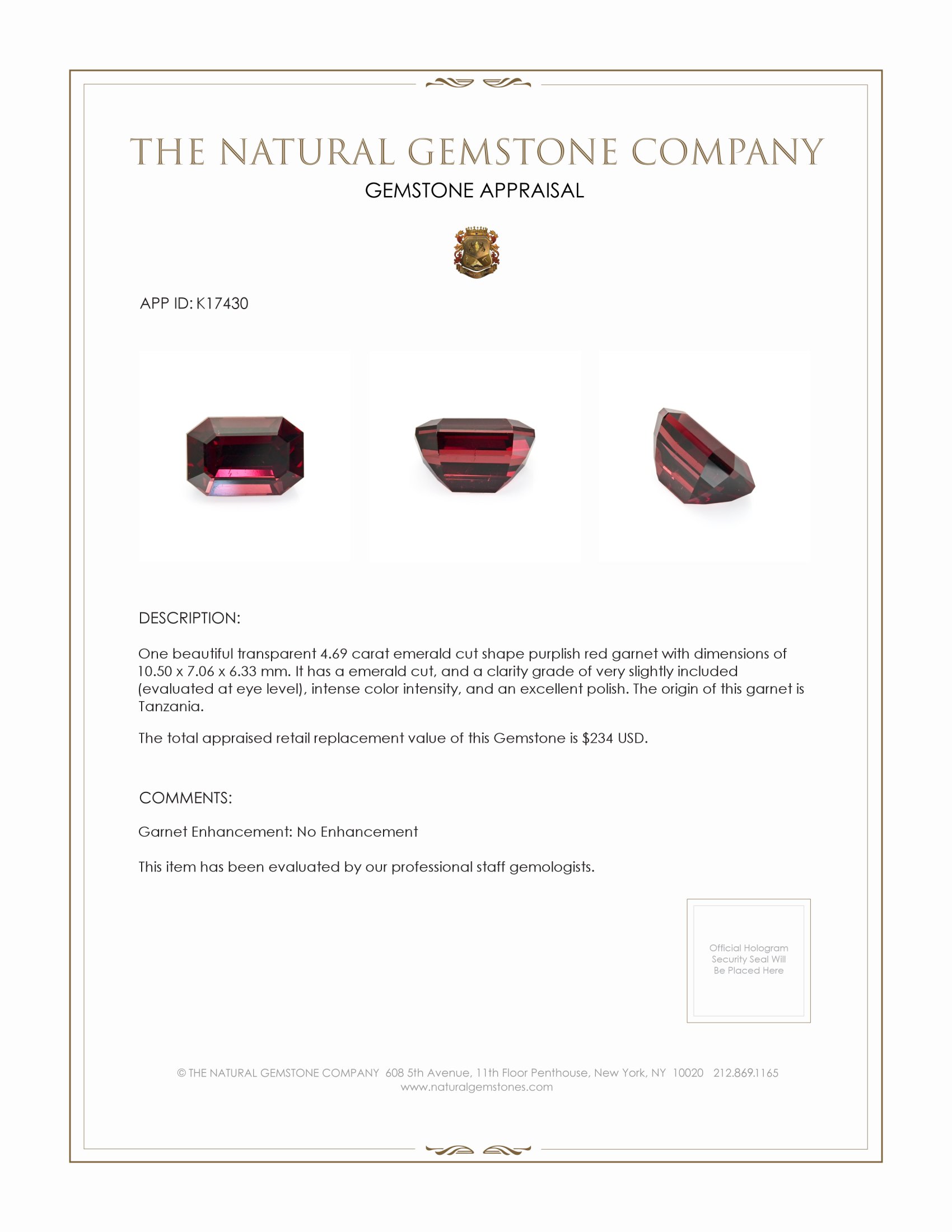 4.69 Ct. Red Garnet from Tanzania