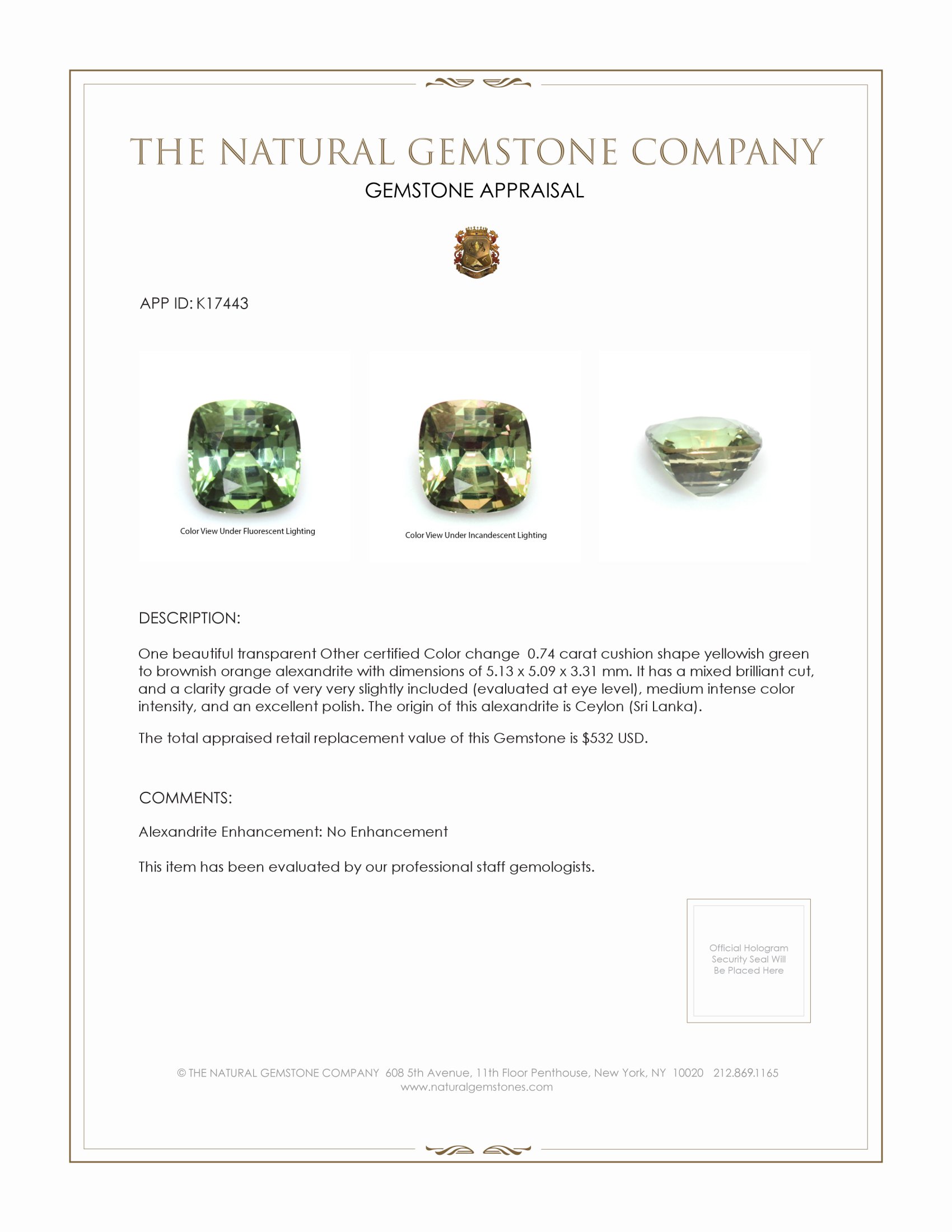 0.74 Ct. Alexandrite from Ceylon (Sri Lanka)
