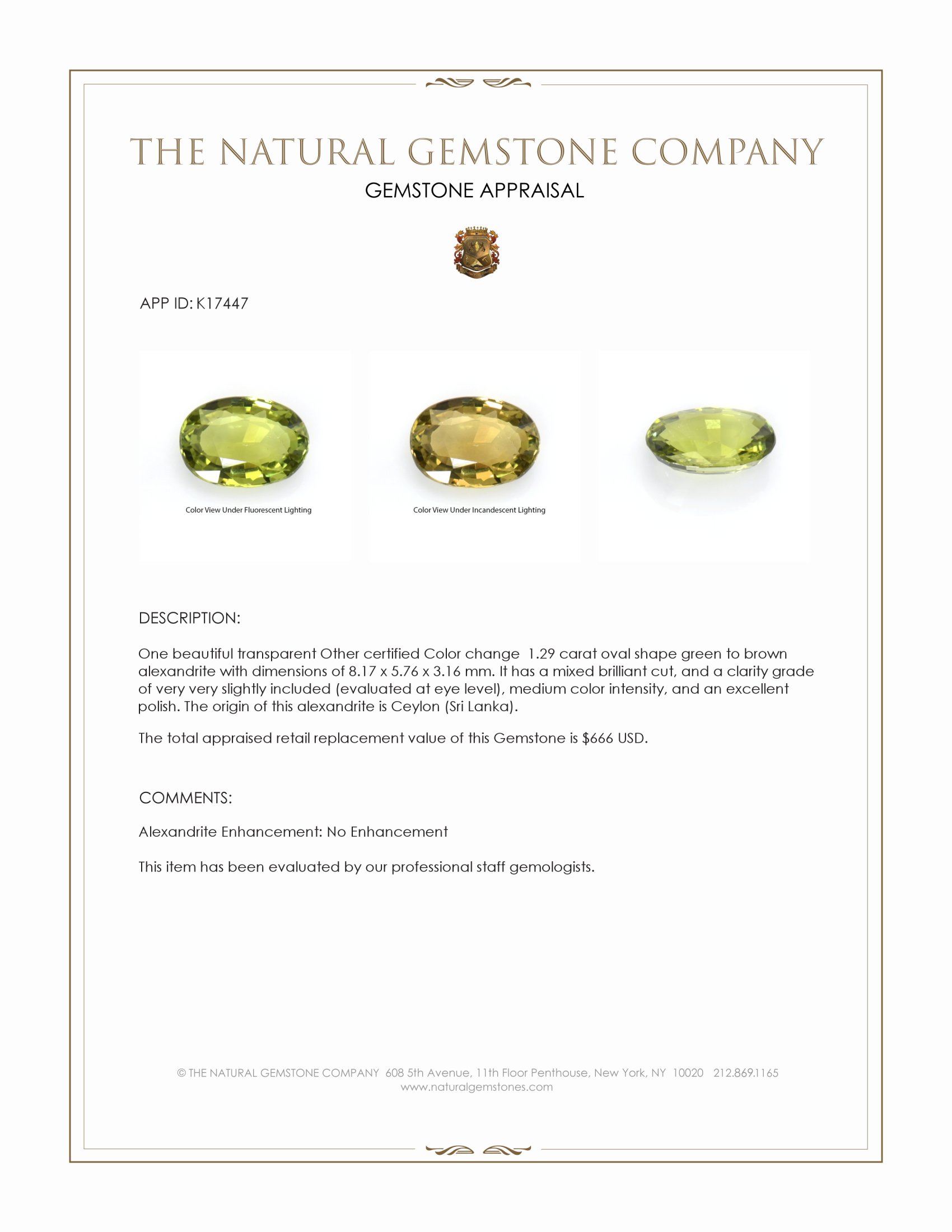 1.29 Ct. Alexandrite from Ceylon (Sri Lanka)