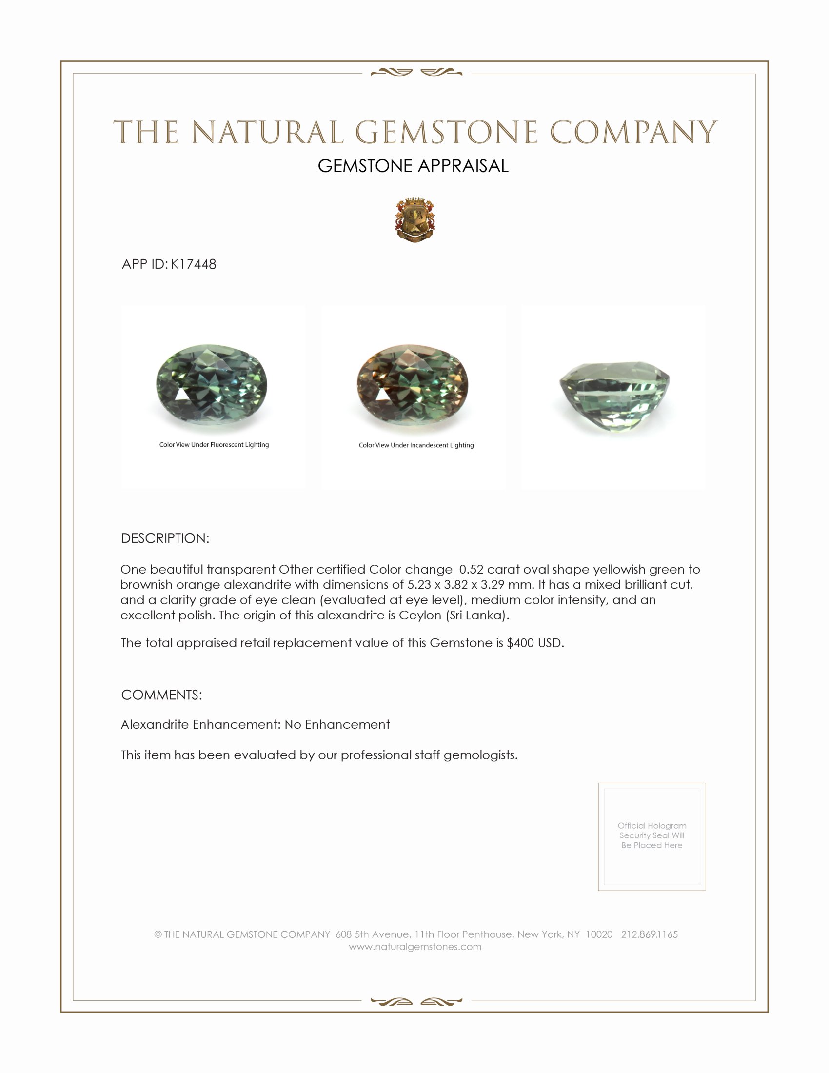 0.52 Ct. Alexandrite from Ceylon (Sri Lanka)