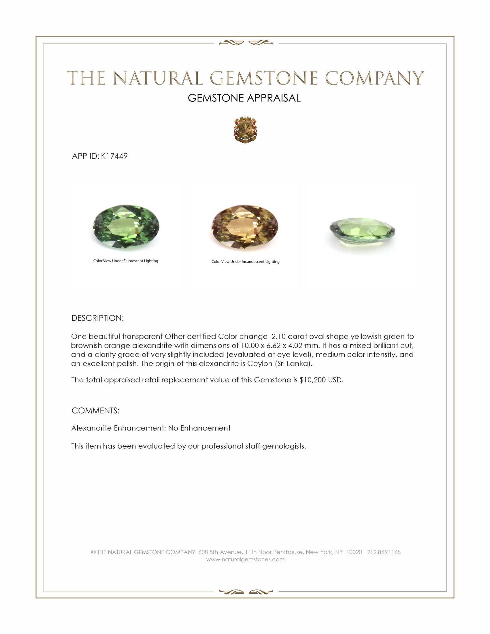 2.10 Ct. Alexandrite from Ceylon (Sri Lanka)