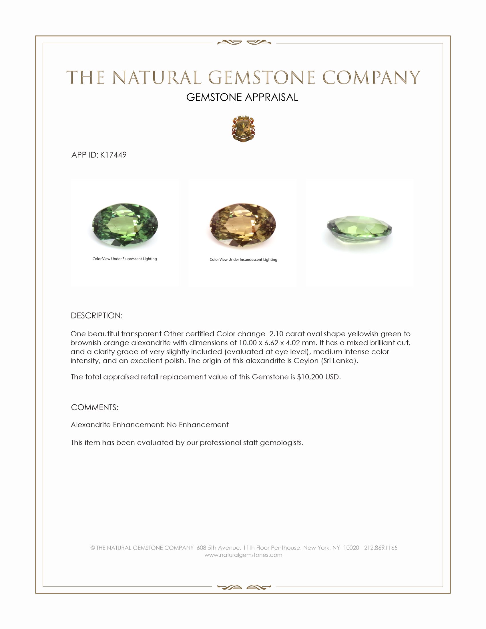 2.10 Ct. Alexandrite from Ceylon (Sri Lanka)