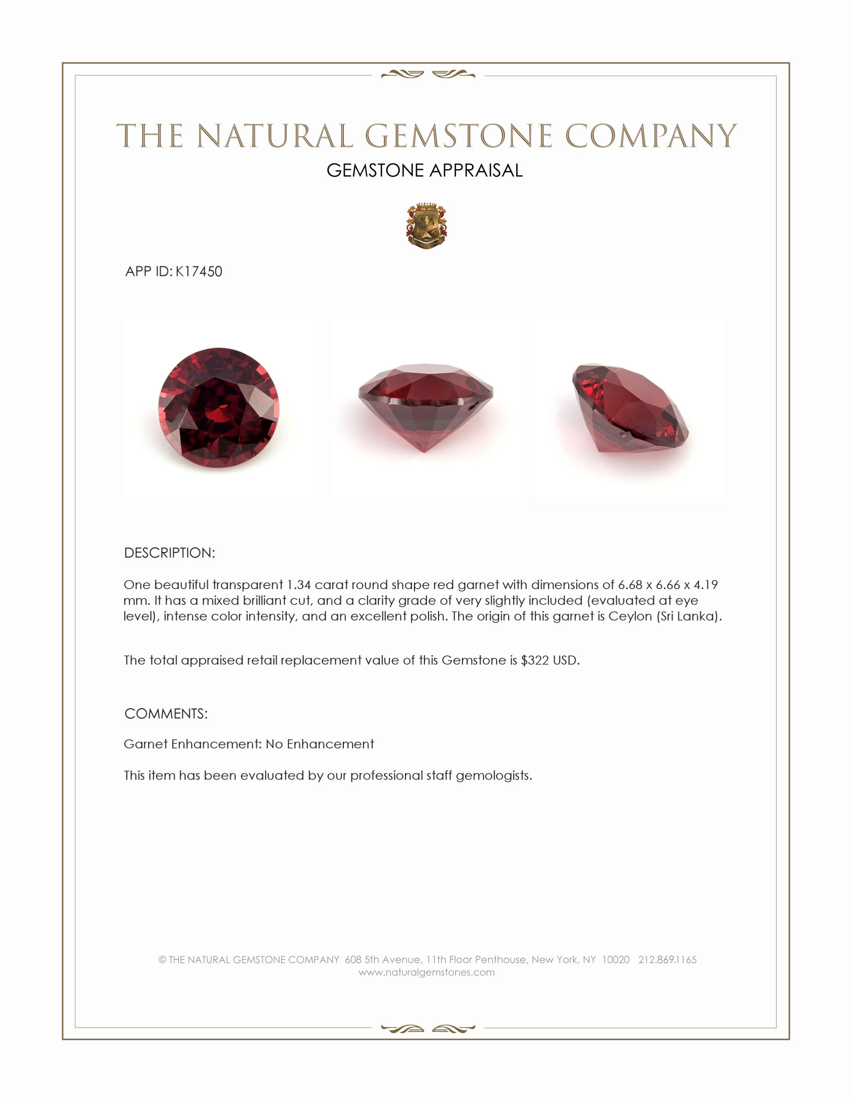 1.34 Ct. Garnet from Ceylon (Sri Lanka)
