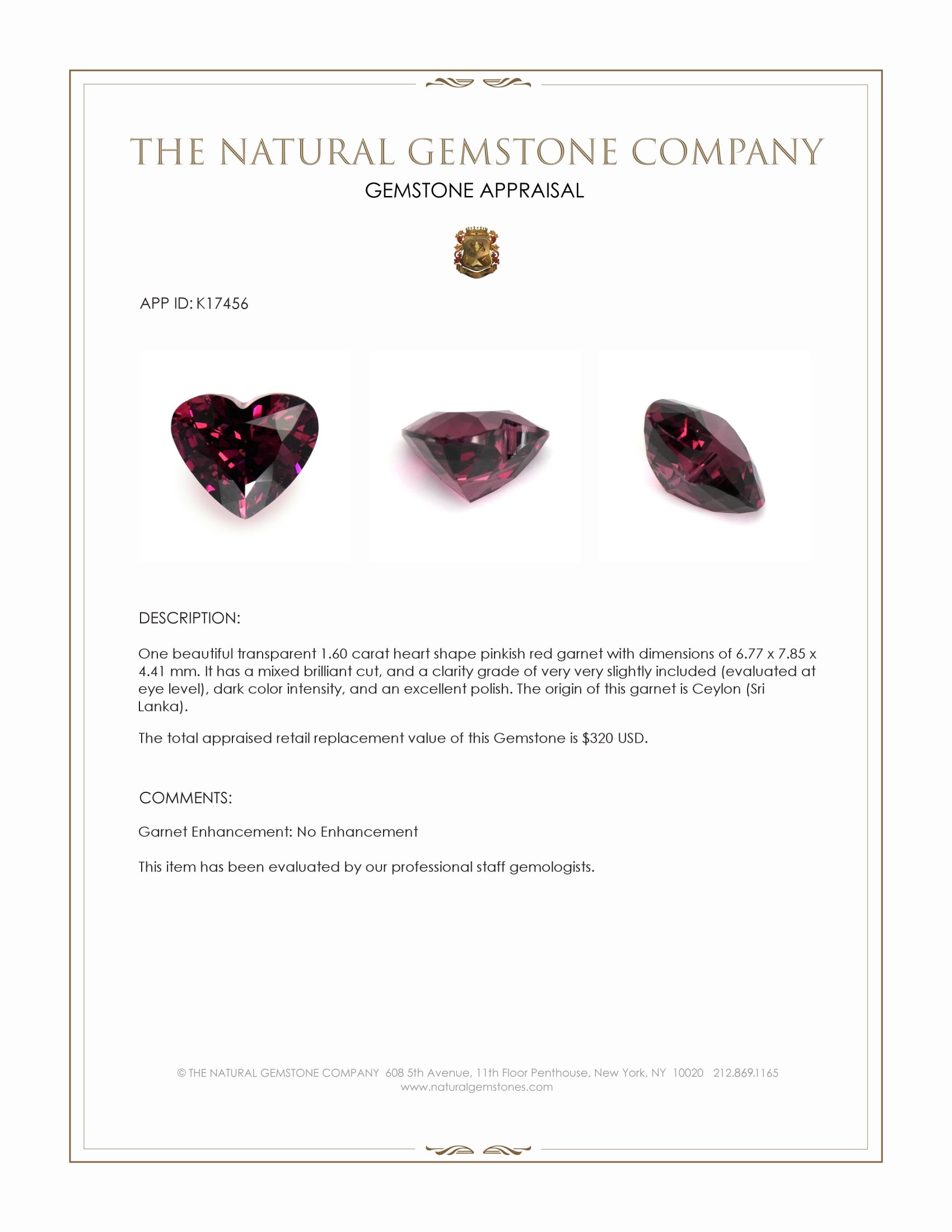 1.60 Ct. Garnet from Ceylon (Sri Lanka)
