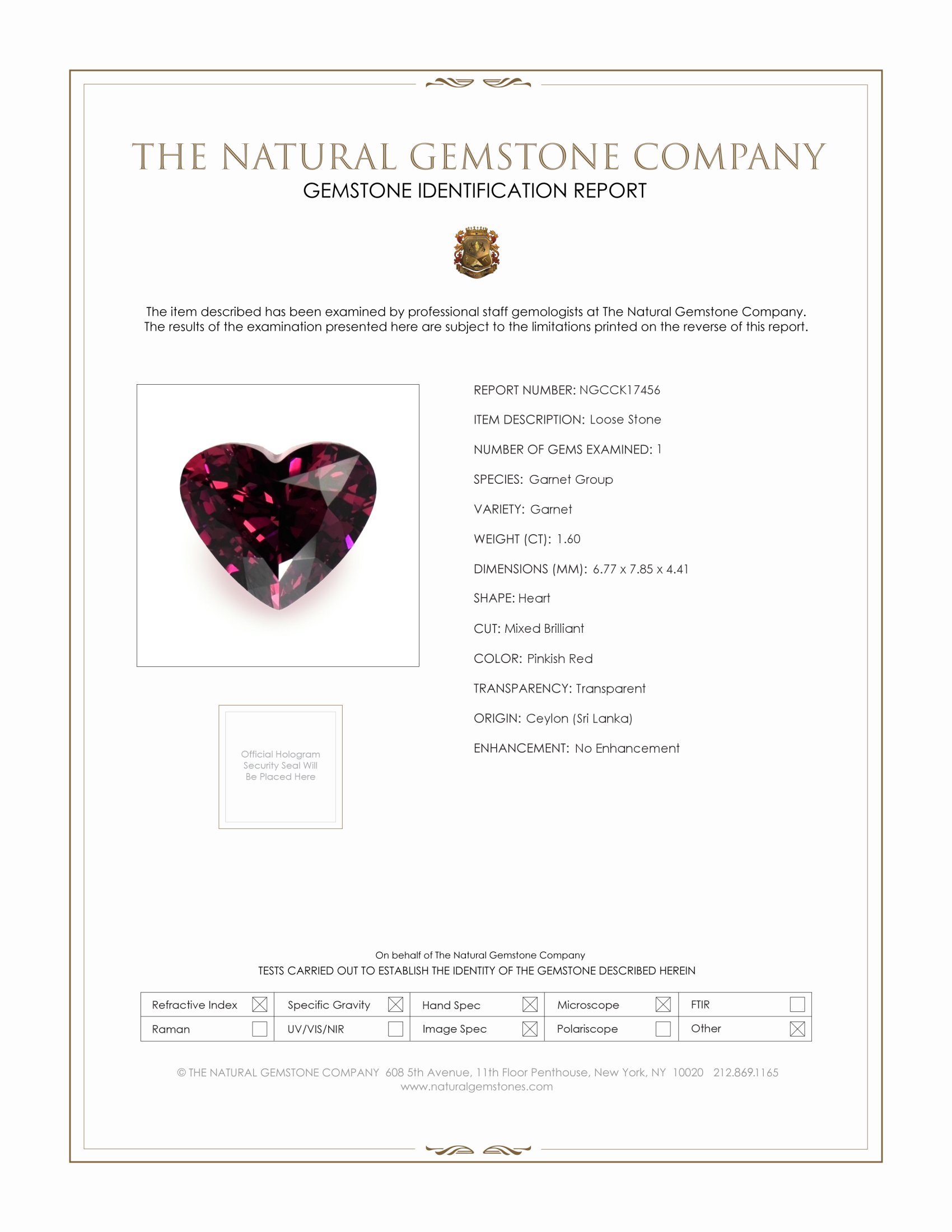 1.60 Ct. Pinkish Red Garnet from Ceylon (Sri Lanka)