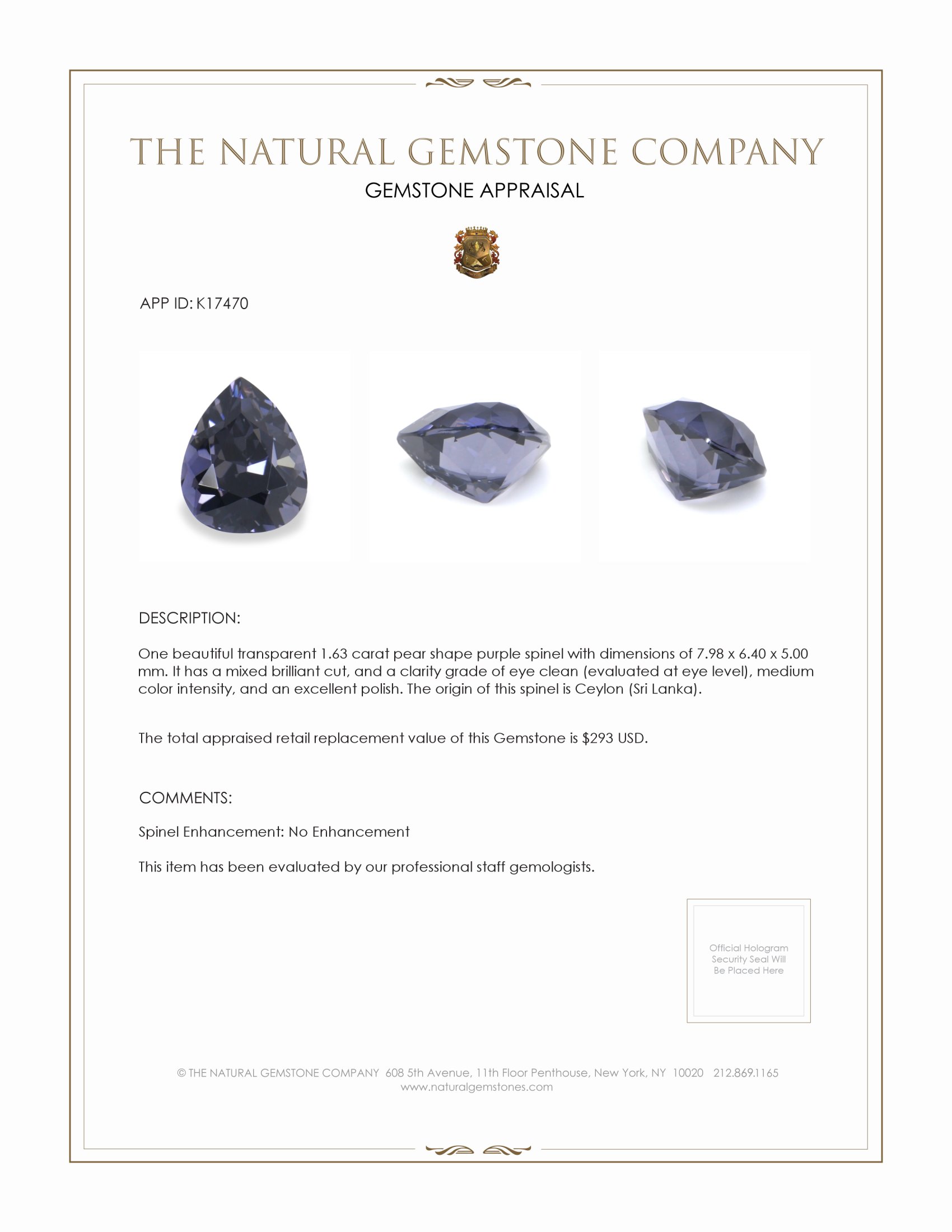 1.63 Ct. Purple Spinel from Ceylon (Sri Lanka)