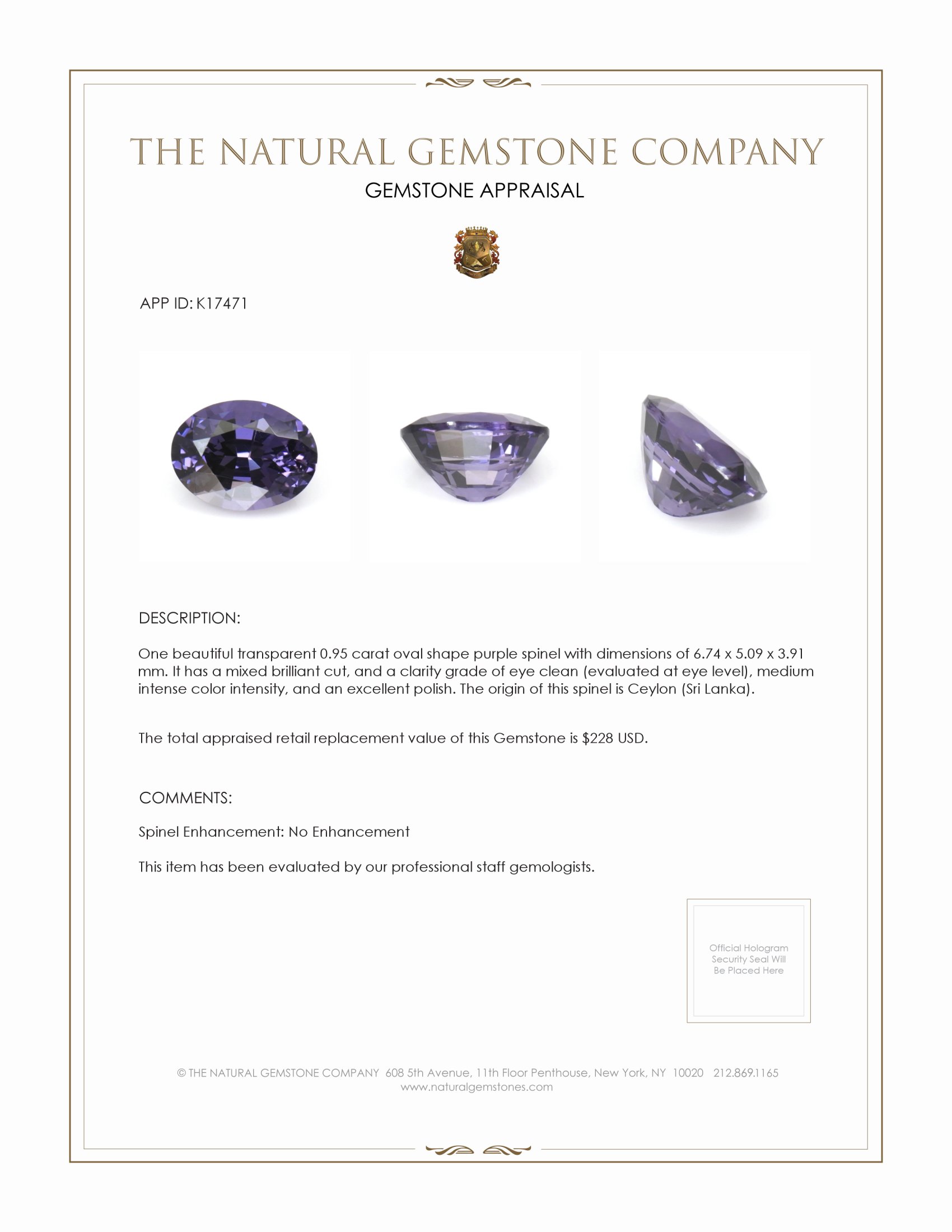 0.95 Ct. Purple Spinel from Ceylon (Sri Lanka)