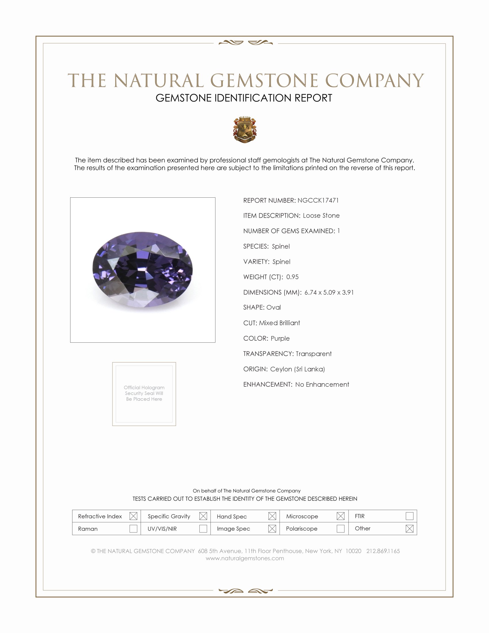 0.95 Ct. Purple Spinel from Ceylon (Sri Lanka)
