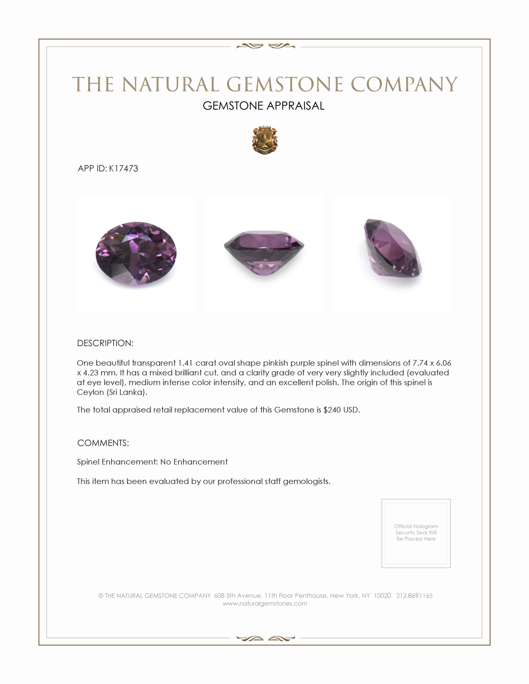 1.41 Ct. Pinkish Purple Spinel from Ceylon (Sri Lanka)