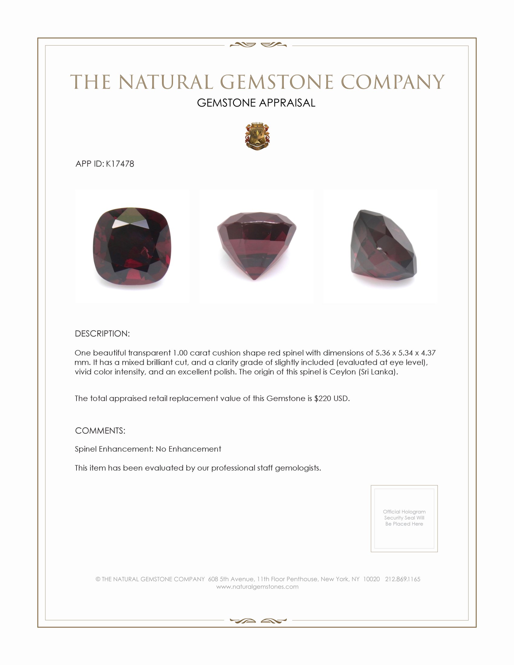 1.00 Ct. Red Spinel from Ceylon (Sri Lanka)