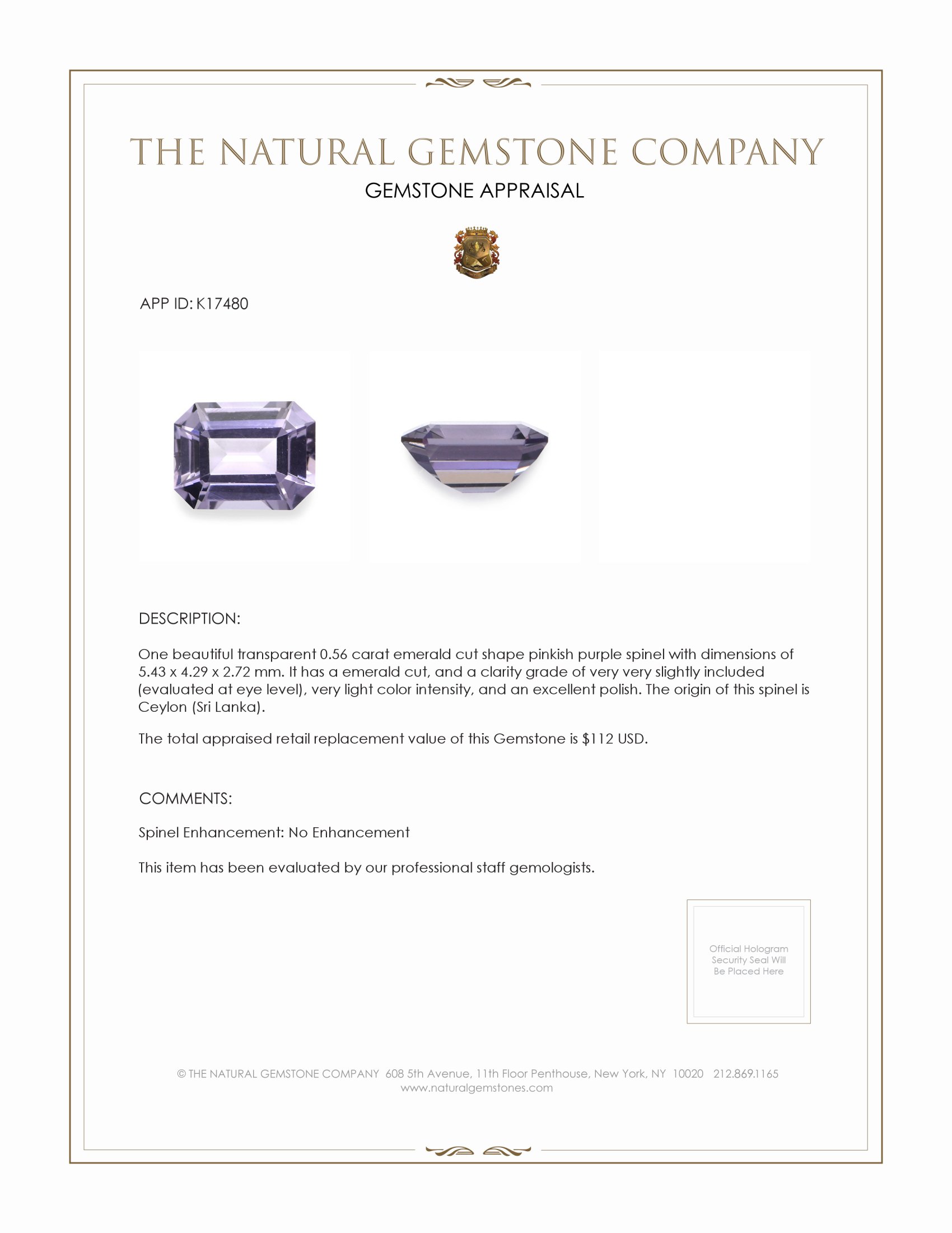 0.56 Ct. Pinkish Purple Spinel from Ceylon (Sri Lanka)