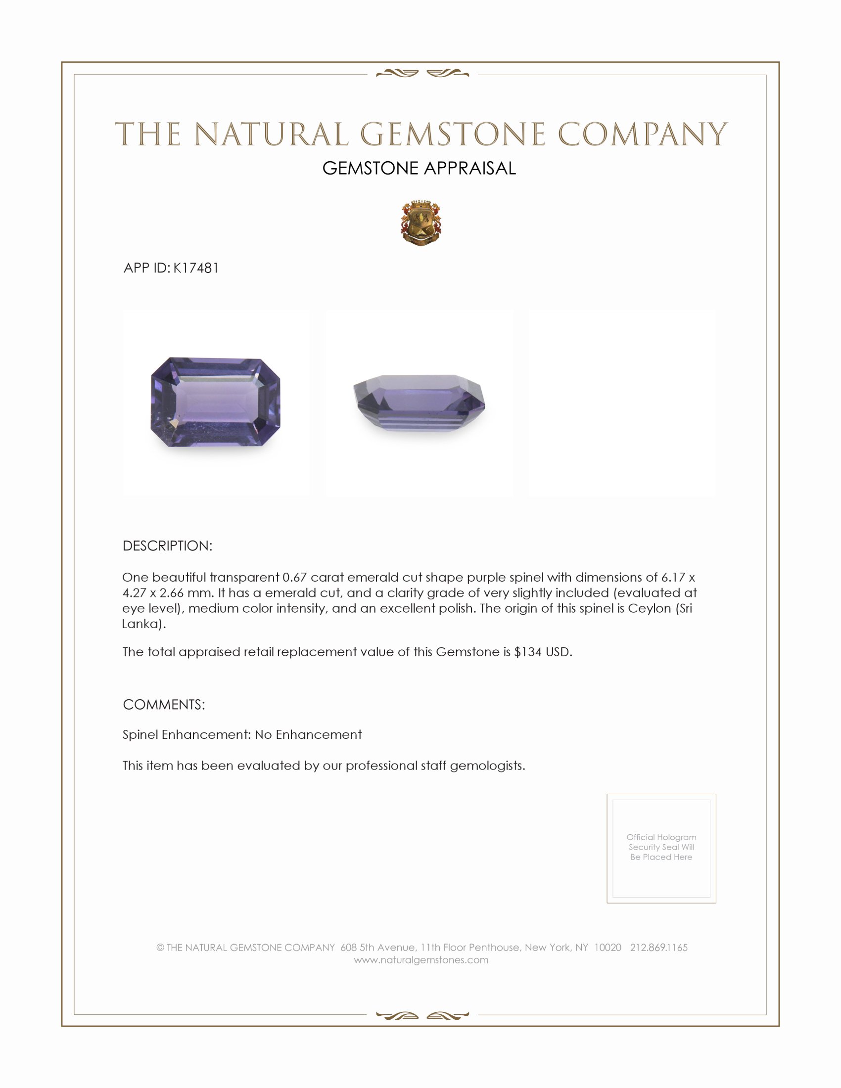 0.67 Ct. Purple Spinel from Ceylon (Sri Lanka)