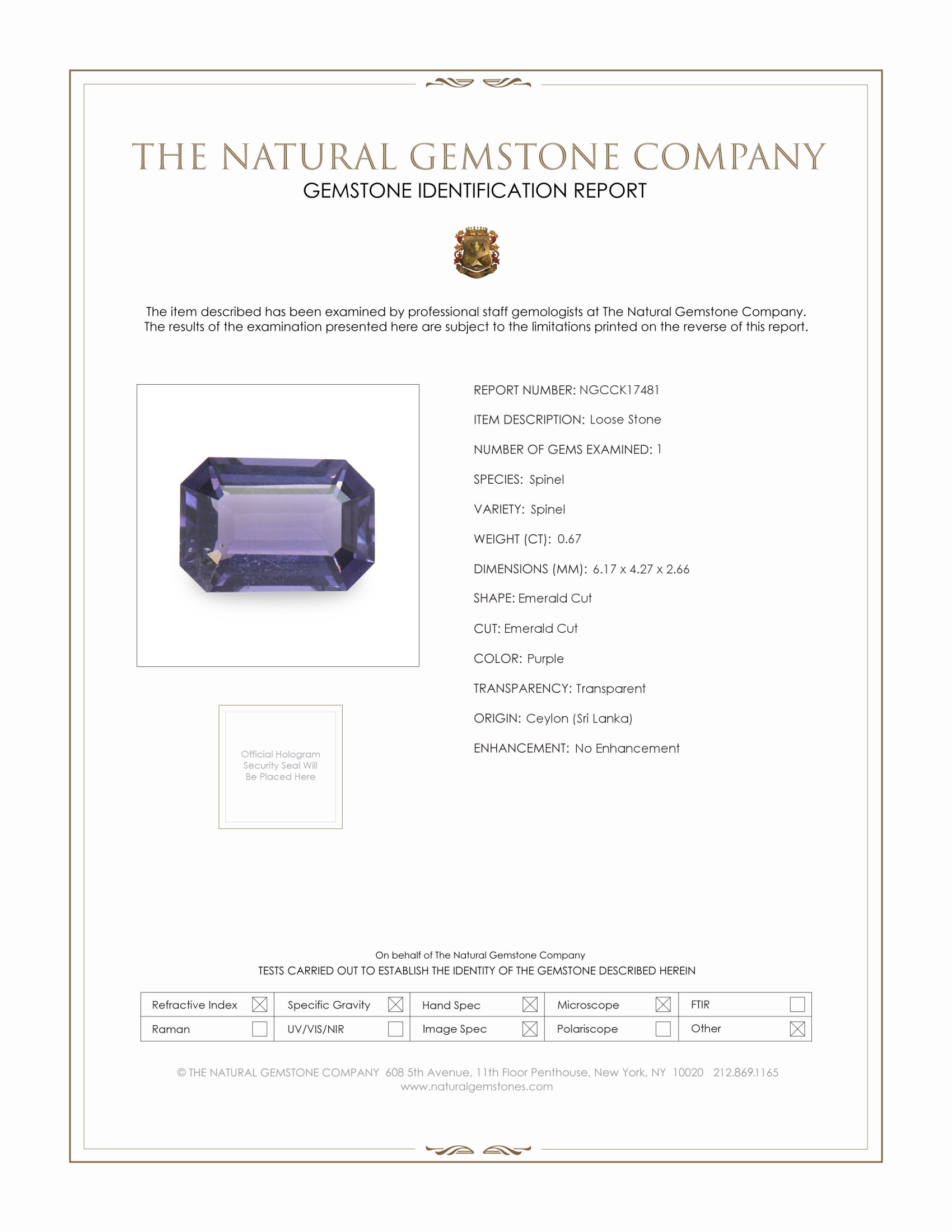 0.67 Ct. Purple Spinel from Ceylon (Sri Lanka)
