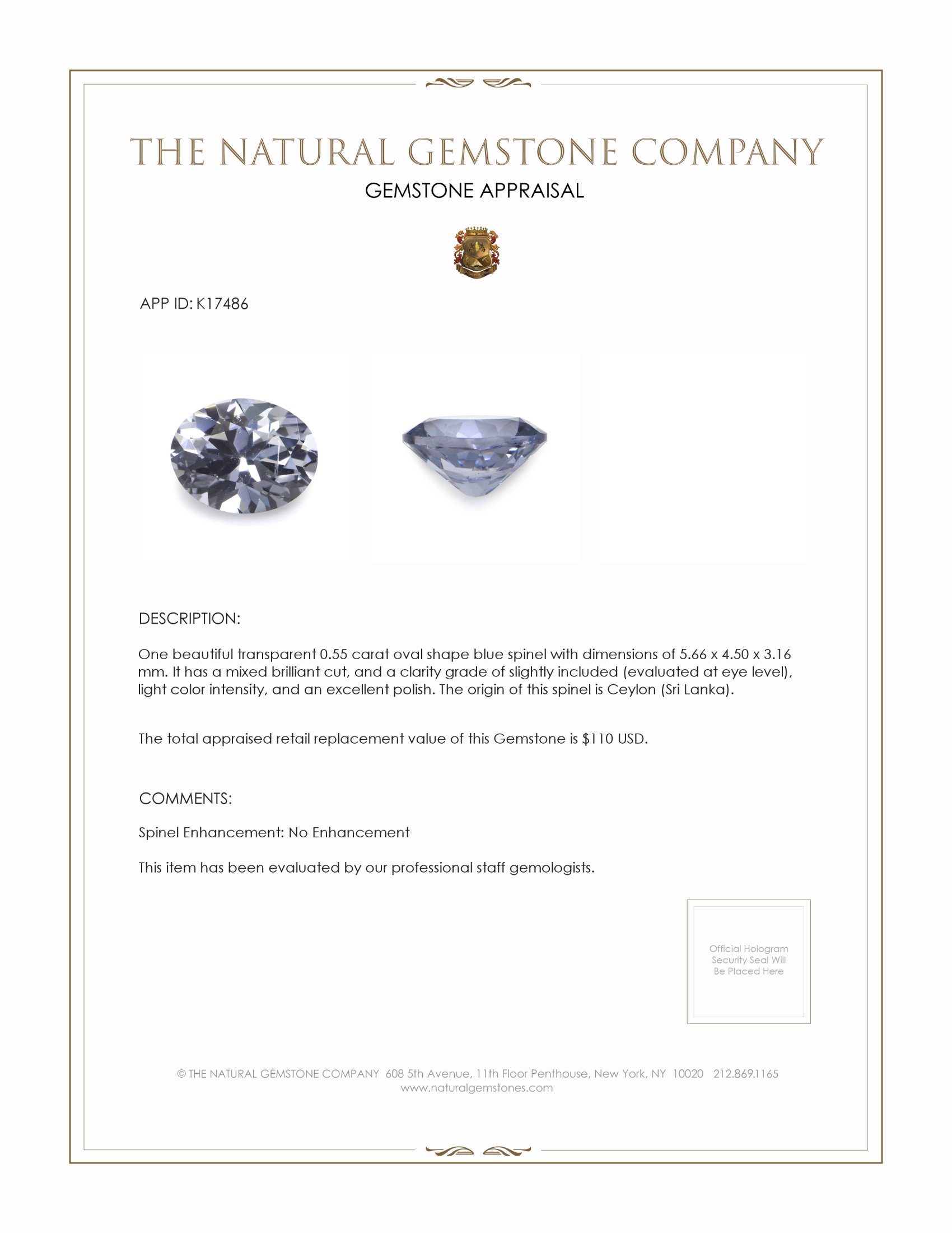 0.55 Ct. Blue Spinel from Ceylon (Sri Lanka)