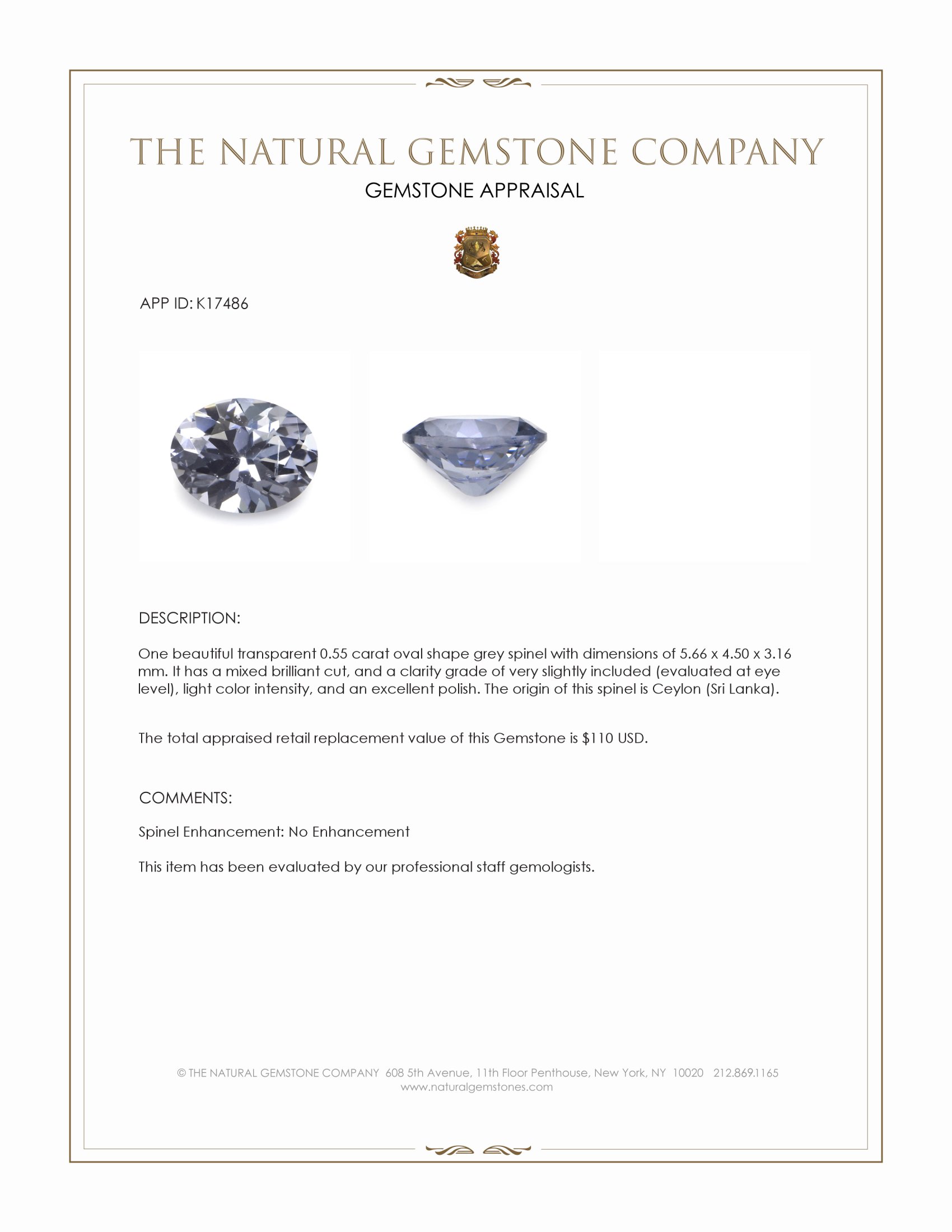0.55 Ct. Grey Spinel from Ceylon (Sri Lanka)
