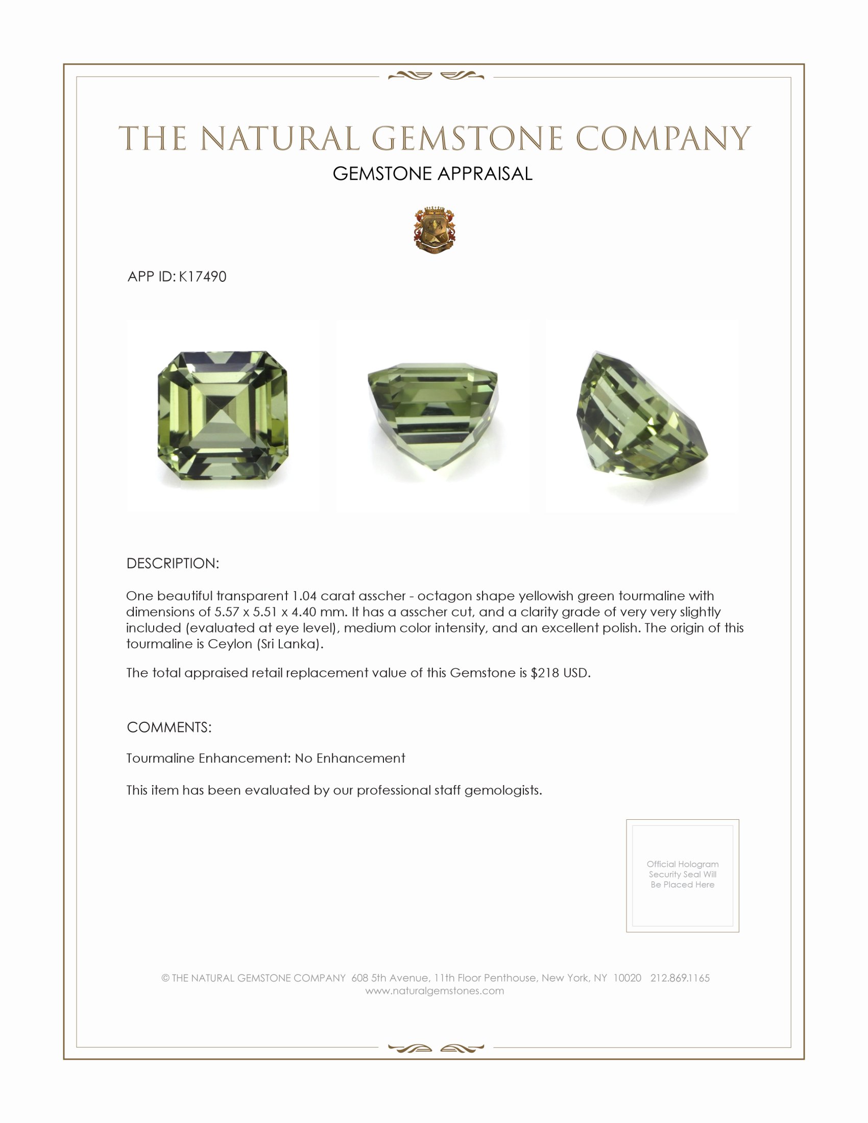 1.04 Ct. Yellowish Green Tourmaline from Ceylon (Sri Lanka)