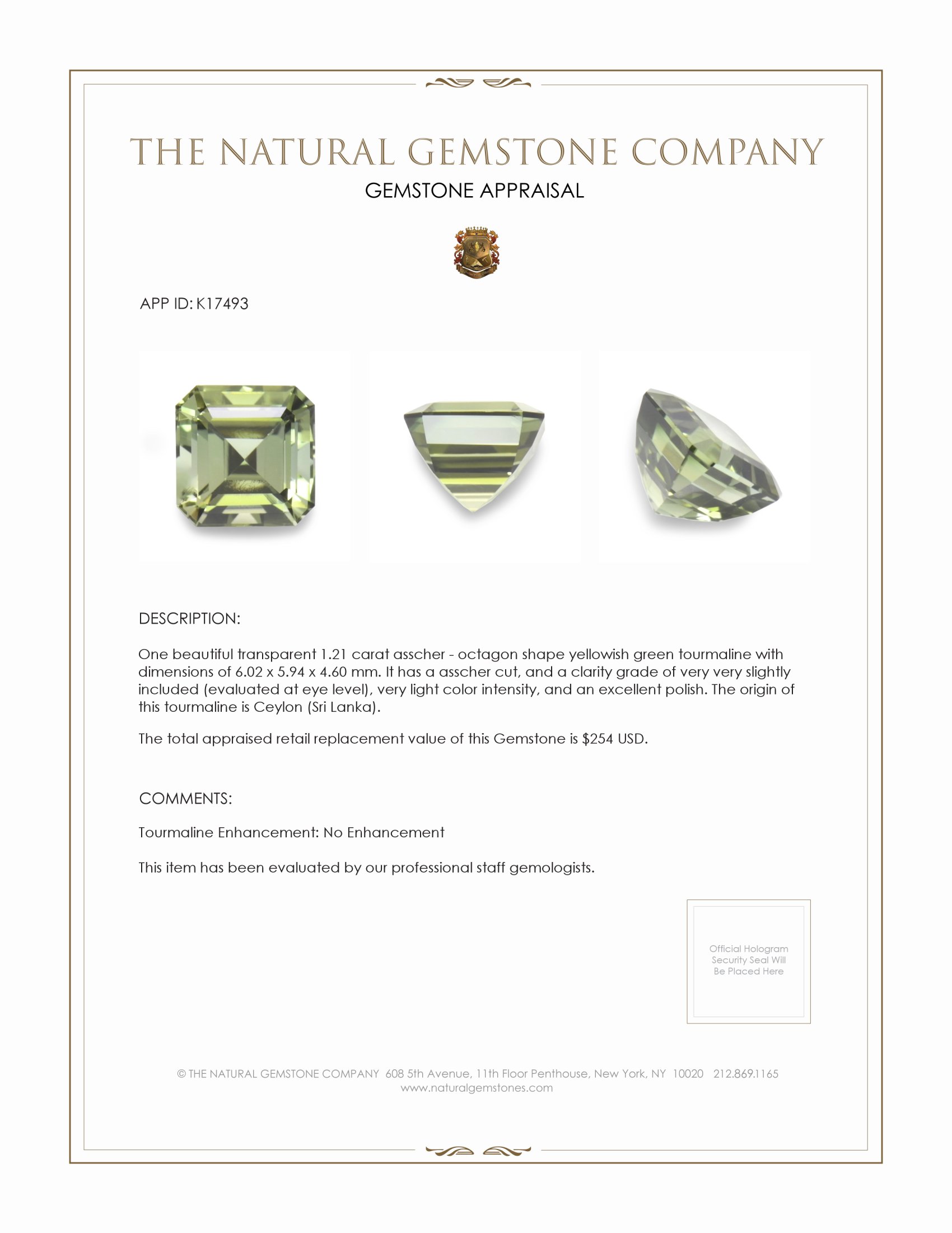 1.21 Ct. Yellowish Green Tourmaline from Ceylon (Sri Lanka)