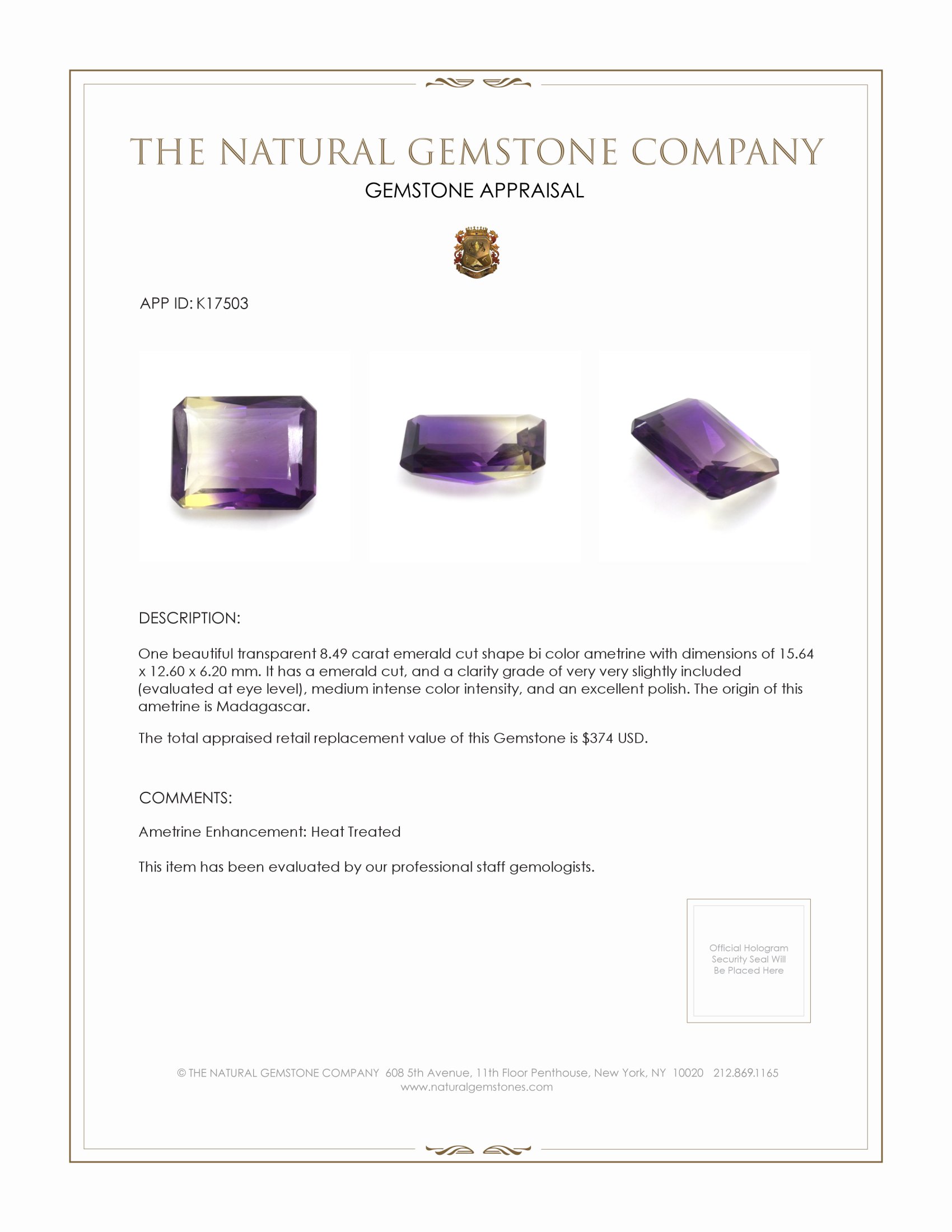 8.49 Ct. Bi Color Ametrine from Madagascar
