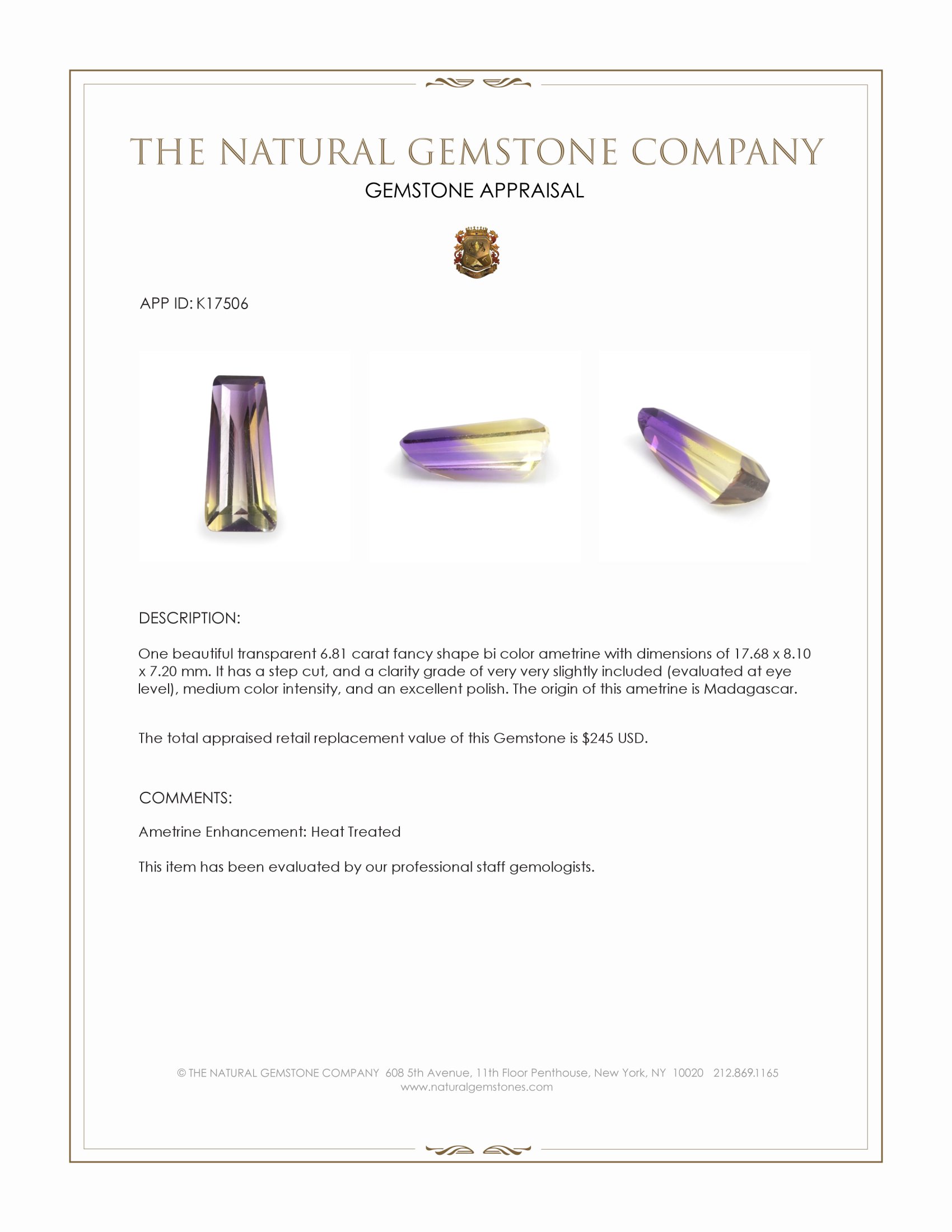 6.81 Ct. Bi Color Ametrine from Madagascar