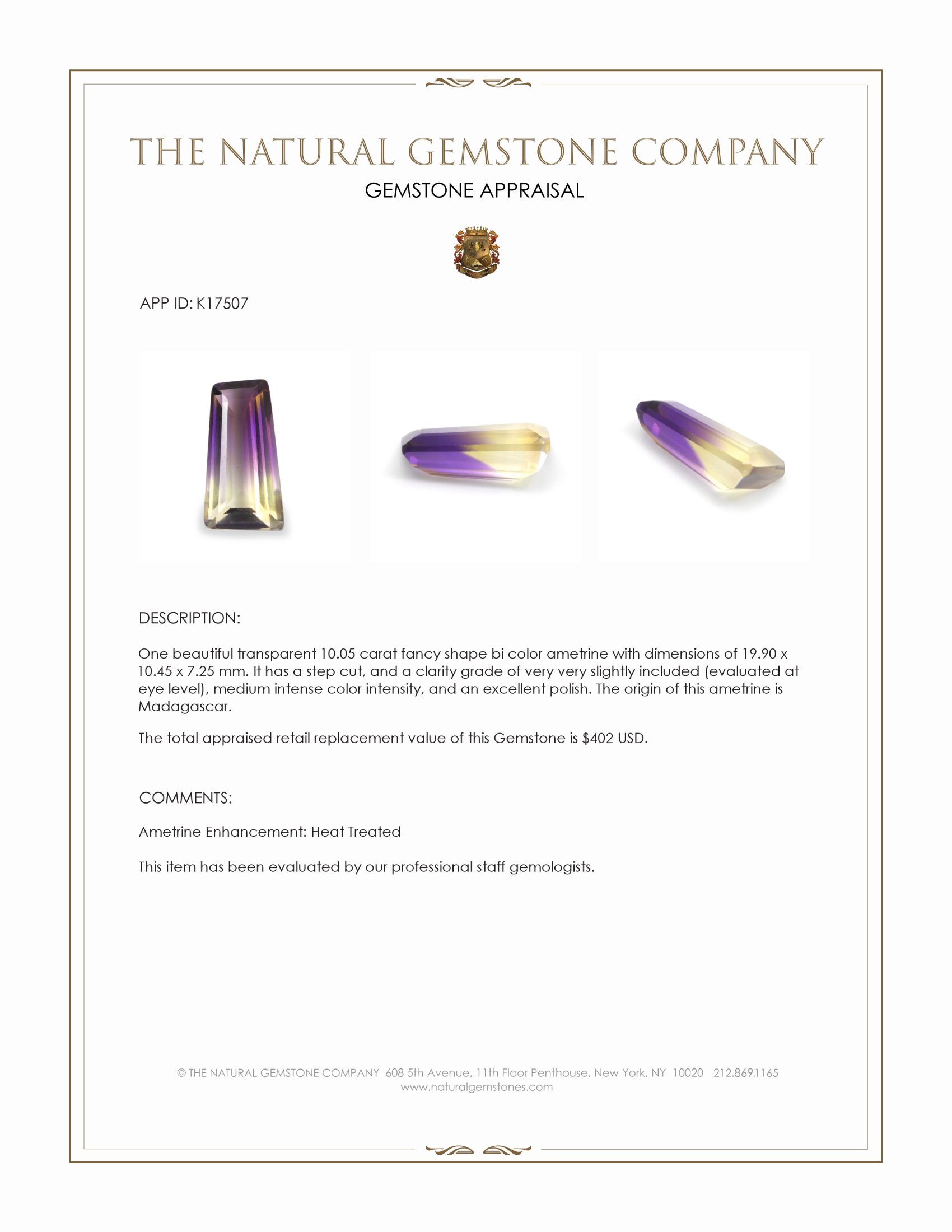 10.05 Ct. Ametrine from Madagascar